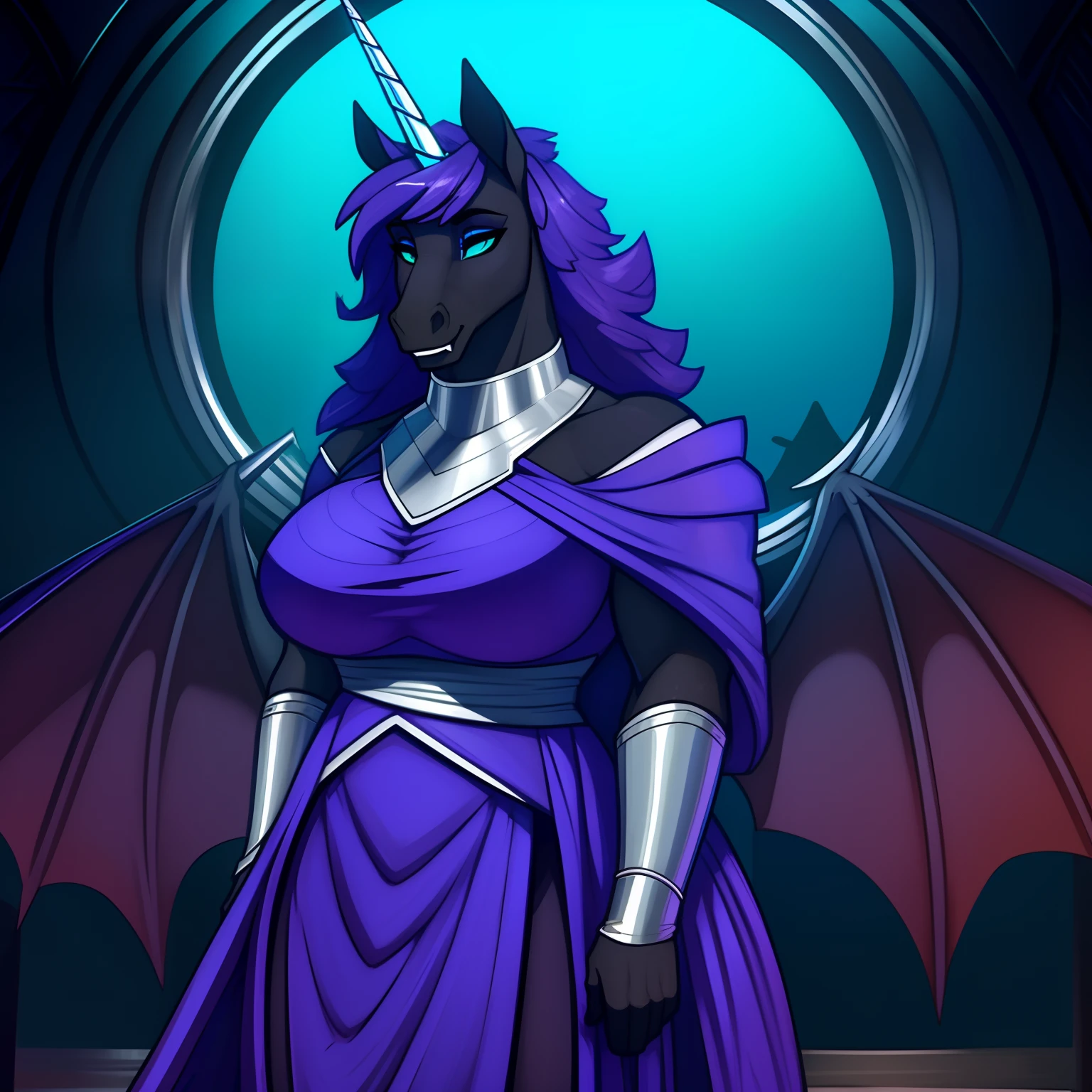 Tall_lithe_muscular_mature_unicorn female dark_purple_mane wavy_mane black_furry_body teal_eyes slit_pupils majestic solo Masterpiece best_quality absurdres highly_detailed gown_with_silver_trim silver_circlet silver_gorget silver_bracers cleanly_drawn_eyes fangs bat_wings purple_eyeshadow horse_snout anthro_only by_claweddrip, by_greasymojo, by_underscore-b, by_runawaystride