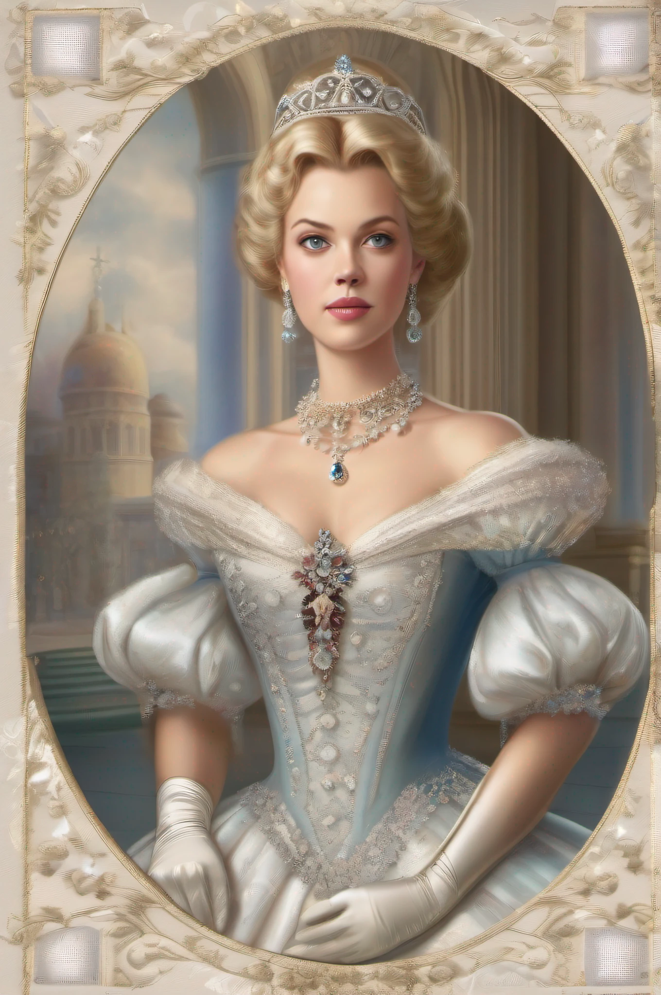 Formal and Official Coronation Portrait, Portrait of a stunningly beautiful young blonde Princess wearing A Stately and Elaborate Royal Cinderella Court Gown with (((enormous puffed sleeves))) and an hourglass waist, adorned with bows, embroidery, and jewels, long white gloves, pearl necklace and earrings