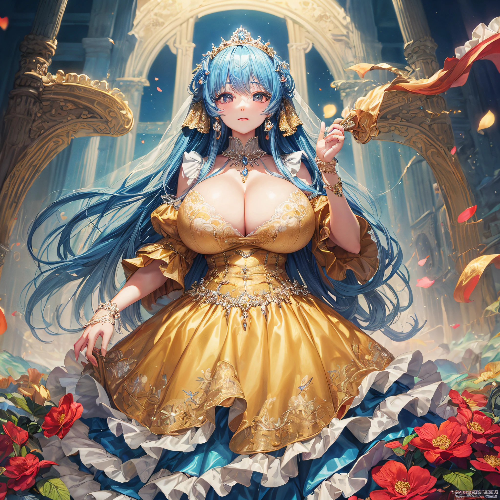 (masterpiece, best quality,extremely detailed:1.1),(moe anime art style:1.2),1girl,(full body),(((solo))), cute, kawaii,digital art,((1 bling-bling anime princess wearing beautiful embroidery and jeweled ruffled gorgeous princess ballgown with voluminous full length hoop skirt)),((crinoline)),long train,voluminous frills,(gorgeous embroidery and beautiful lace),((very gigantic boobs,skindentation)),cleavage,shiny hair,(((very long straight hair))),((finely detailed face and eyes)),clear pupil,extremely gorgeousfull hair ornament,(bling-bling jeweled extremely gorgeousfull tiara),(bling-bling gorgeous gemstone jewelry),long veil,beautiful background,fantasy background,flowers,flower petals flowing,full body,((beautiful embroidery and jeweled ruffled gorgeous princess ballgown with voluminous full length hoop skirt))