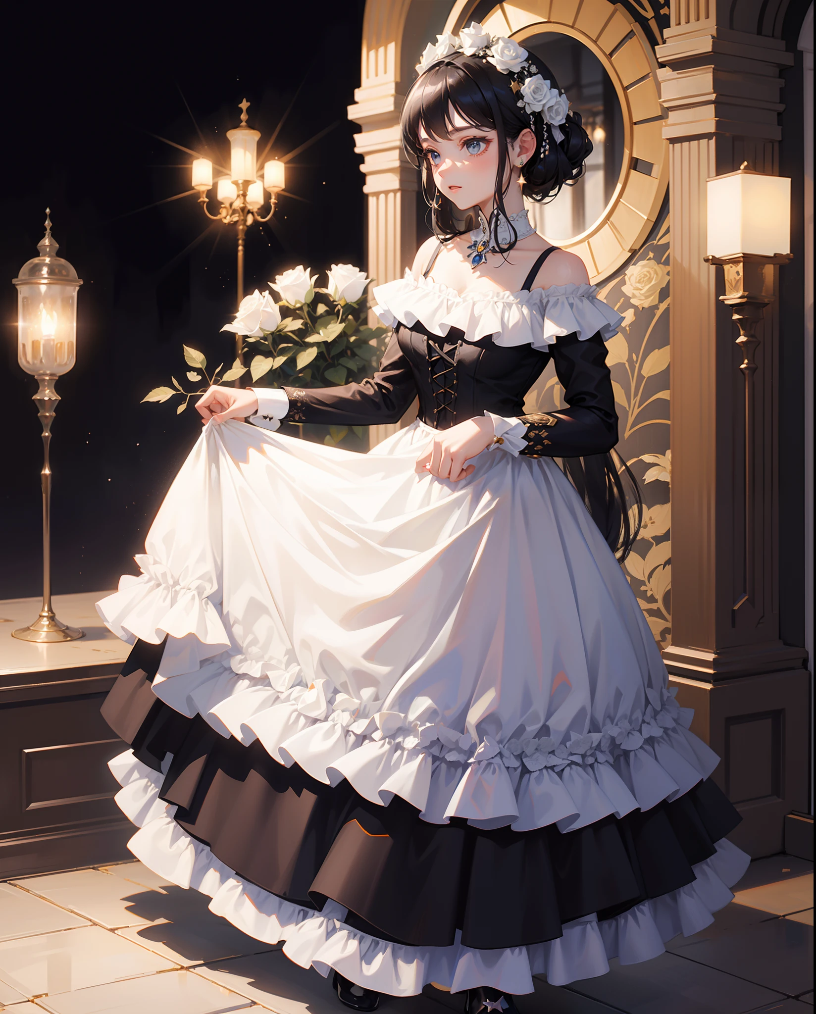 Princess Mercury, dressed a Swedish white and black dress with patterns, black background with stars and roses, A Letter from Rose, masterpiece, best quality