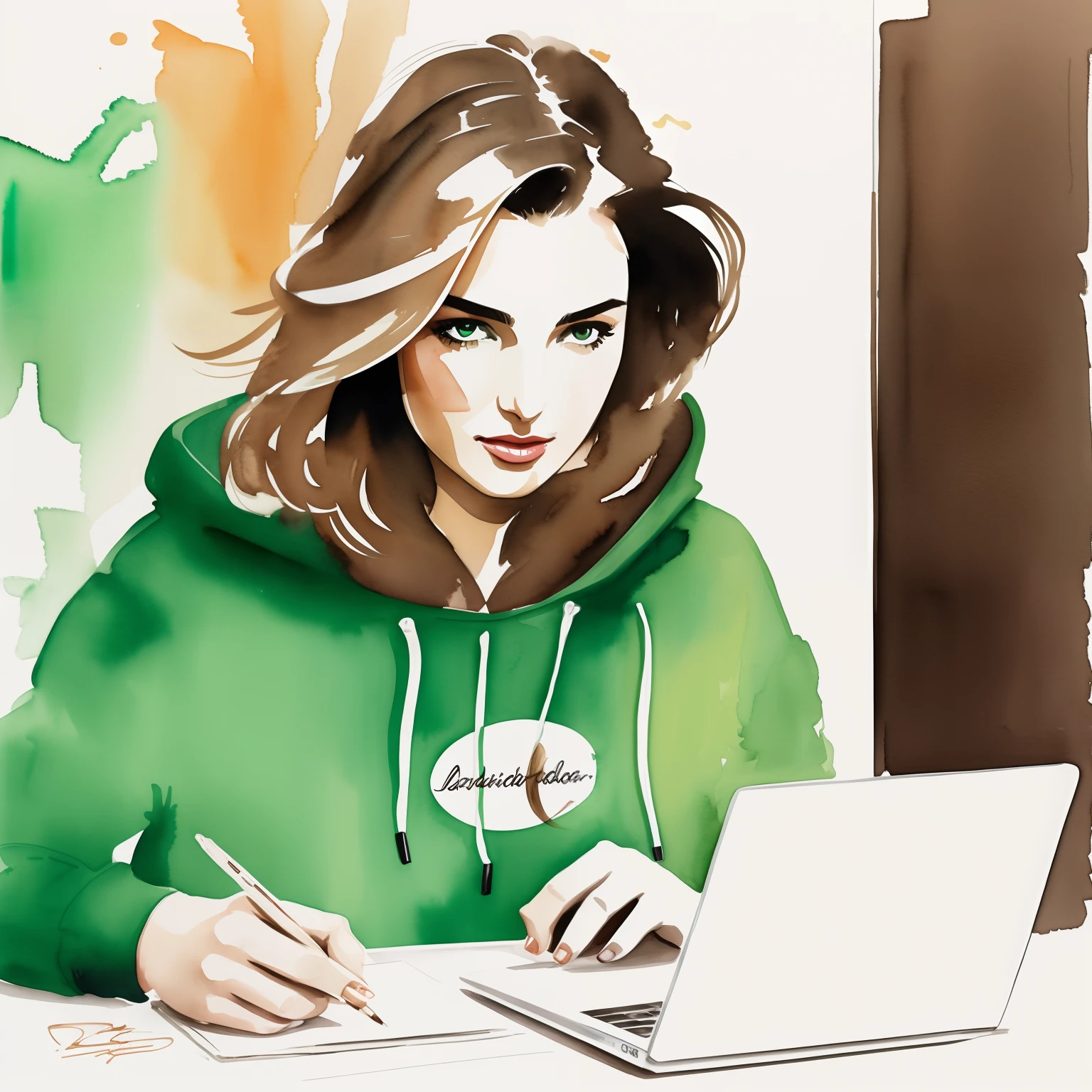 David downton fashion illustration, woman light brown thin hair blonde bob, green apple color hoodie, andreea diaconu, cute, work laptop, street cafe, watercolor art