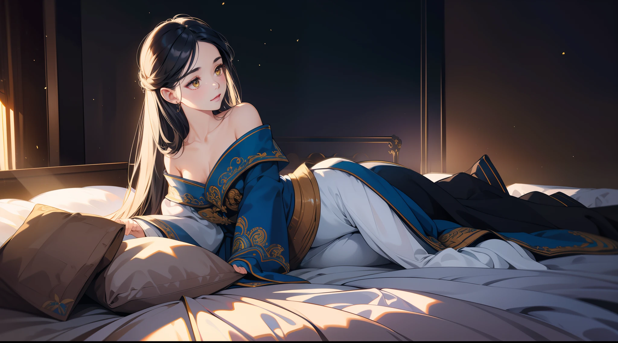 an alone mature girl with long blue and yellow eyes sitting on the bed and spread leg , night, High detail mature face, tie hair on the left side, golden eyes, bare leg, bare shoulder, white noble priest dress, high res, ultra sharp, 8k, masterpiece, smiling, fantasy world, magical radiance background ((Best quality)), ((masterpiece)), 3D, HDR (High Dynamic Range),Ray Tracing, NVIDIA RTX, Super-Resolution, Unreal 5,Subsurface scattering, PBR Texturing, Post-processing, Anisotropic Filtering, Depth-of-field, Maximum clarity and sharpness, Multi-layered textures, Albedo and Specular maps, Surface shading, Accurate simulation of light-material interaction, Perfect proportions, Octane Render, Two-tone lighting, Wide aperture, Low ISO, White balance, Rule of thirds,8K RAW, Aura, masterpiece, best quality, Mysterious expression, magical effects like sparkles or energy, flowing robes or enchanting attire, mechanic creatures or mystical background, rim lighting, side lighting, cinematic light, ultra high res, 8k uhd, film grain, best shadow, delicate, RAW, light particles, detailed skin texture, detailed cloth texture, beautiful face, 
(masterpiece), best quality, expressive eyes, perfect face,