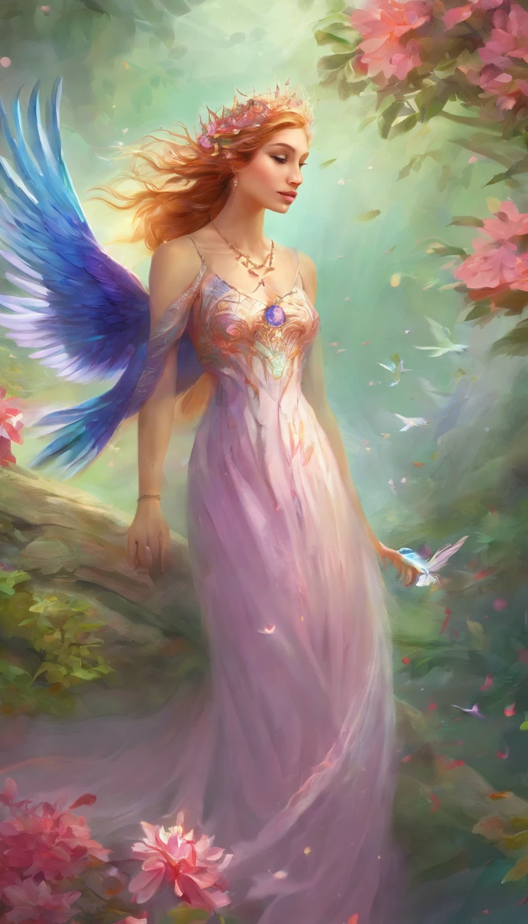 best quality, highres:1.2, ultra-detailed, vibrant colors, detailed feathers, detailed wings, realistic 8k rendering of a hummingbird, beautiful flowers in the Adelboden background placed in Suisse alpes, professional artwork, masterpiece:1.2, art style: surreal, soft lighting, warm color tones,