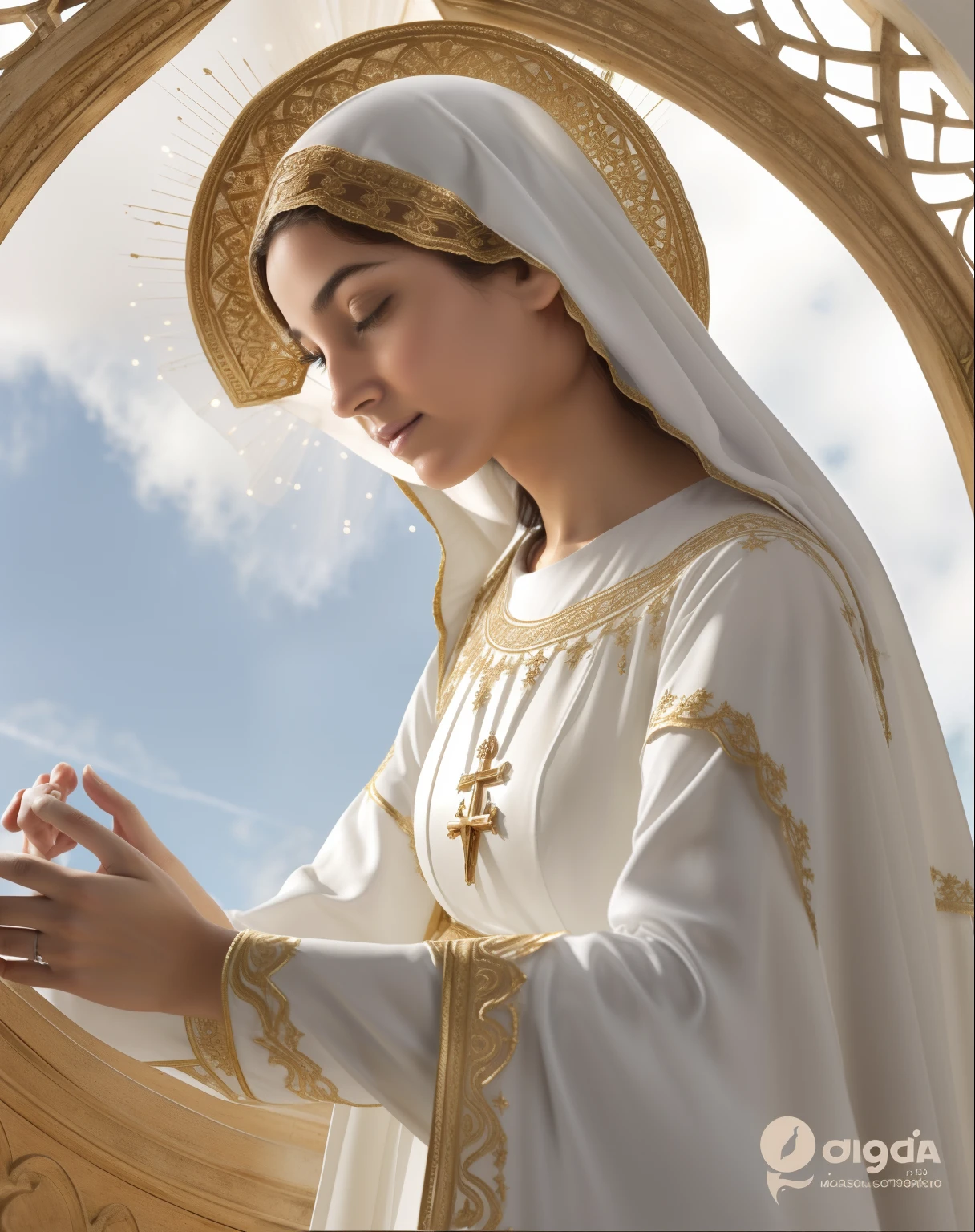 (((Blessed Virgin Mary of Mount Carmel))) Obra maestra, (La mejor calidad: 1.2), (super fine: 1.2), illustration, (extremadamente delicado y hermoso: 1.2), movie angle, flotante, (Hermoso ojo de detalle: 1.1), (detalle luz: 1.1), Movie Lights, Cielo delicado, ojos azules, (Cola de caballo alta: 1.1), capa, ojuelos, cielo estrellado, (light particles: 1.1) dibujo, flor. (Obra maestra), (La mejor calidad), (fotorrealista:1.3), 8k, Textura detallada de la piel, Textura detallada de la tela, Hermosa cara detallada, Detalles intrincados, Ultra detallado (cuerpo de cuerpo entero:1.2)