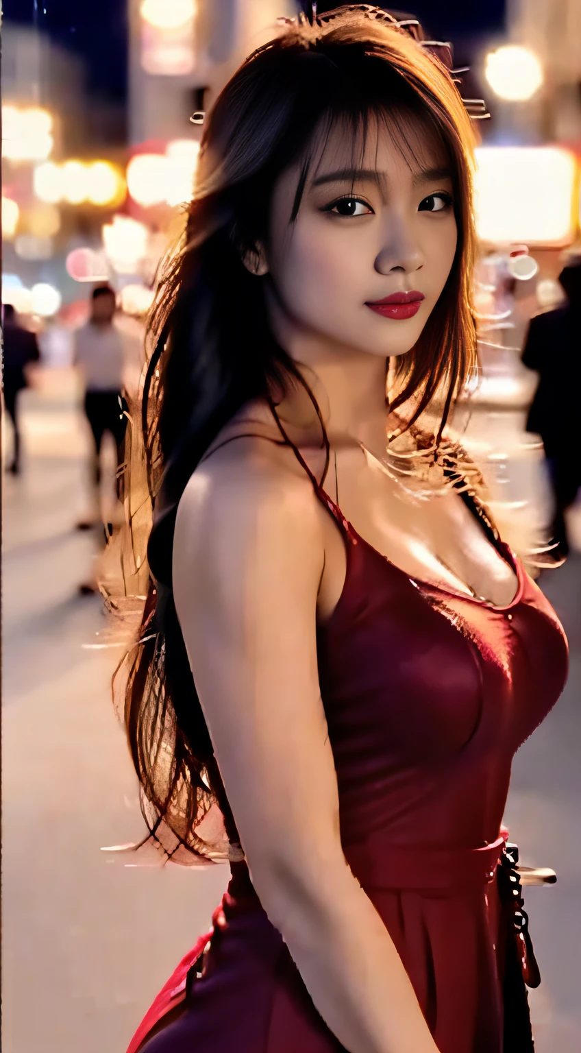 top-quality。8K-Picture。Ultra-high pixel。The background is the city at night。girl with。hair is long and slightly wavy,,,,,,,,,,,,,,,,,,,,,,,,,,,,,,,,,,,。The color is dark brown。Glamour style、((huge-breasted:1.9))。wearing red dress、Photos dancing brilliantly。Delicate finish overall。The body line is gorgeous。legs are long、Wear red high heels。((Hair shines like a reflection of the street。The eyeball reflects the surrounding landscape。The skin is wet with night dew))。Almost perfect woman。((time々In close-up of the upper body))。