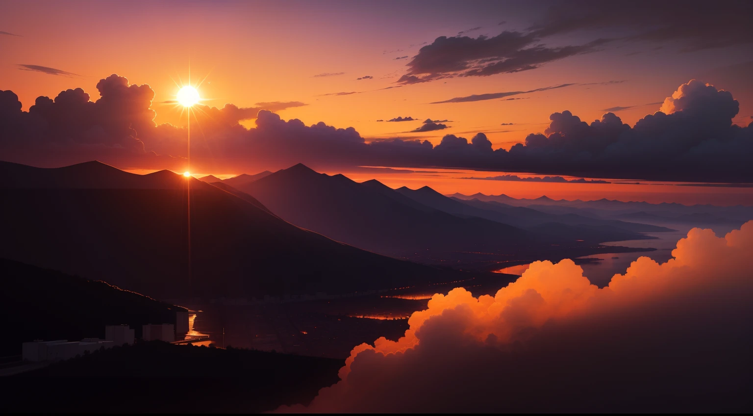 The sun begins its descent behind the darkening horizon. Image: The sun lowering in the sky, painting the clouds with shades of orange and purple