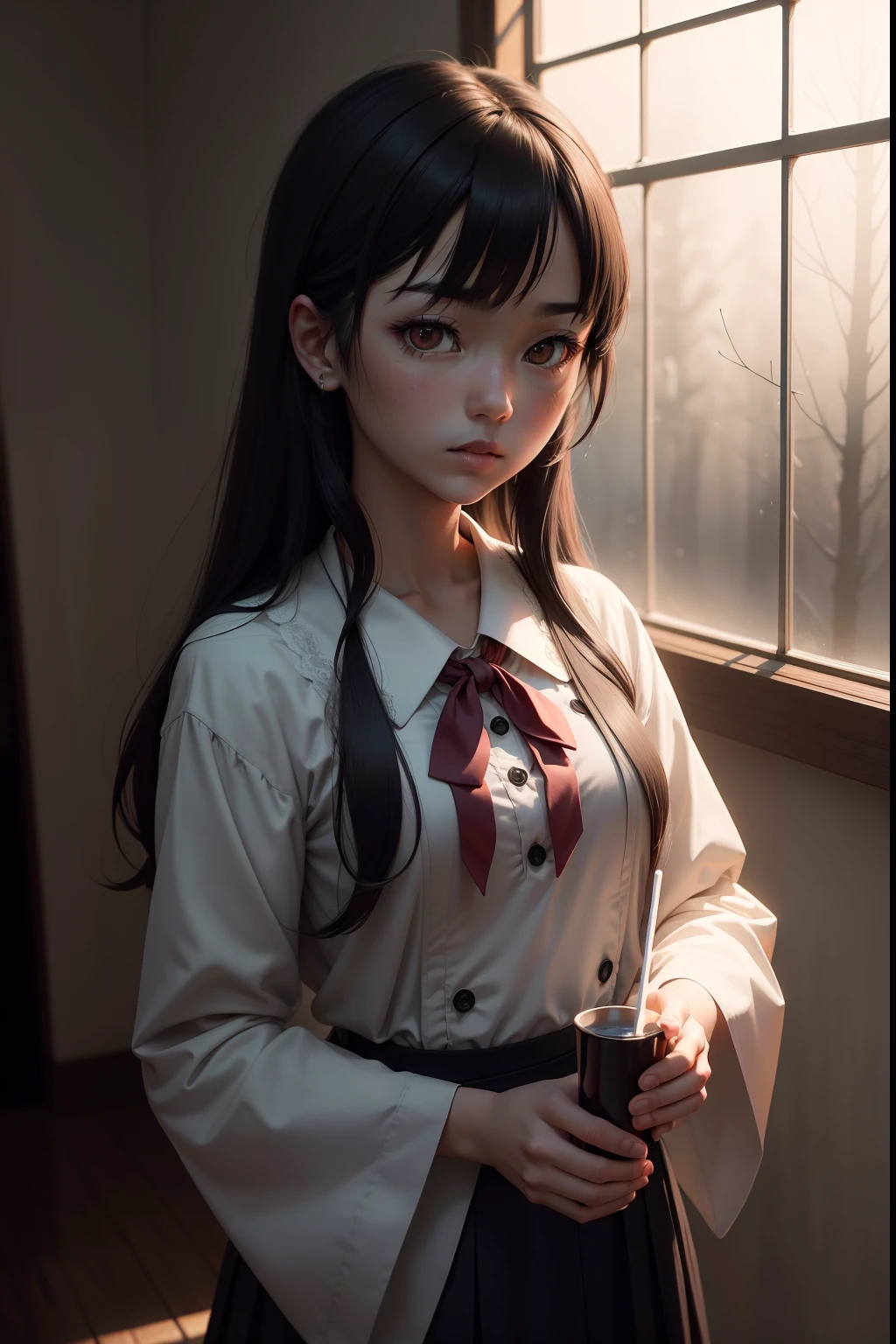 Tsugumi Shibata character from the anime Jigoku Shoujo with detailed eyes and face, long eyelashes, wearing a traditional school uniform, holding a straw doll, standing in a dark, mysterious background. The artwork should be done in a medium of digital illustration to achieve the best quality, realistic and detailed representation of the character. The color tone should be dark and moody, with a focus on shadows and contrasting highlights. The lighting should be dramatic, casting eerie shadows on the character and creating a haunting atmosphere. Additionally, the image should have a high resolution (4k or 8k) to capture every intricate detail, and the colors should be vivid and vibrant.