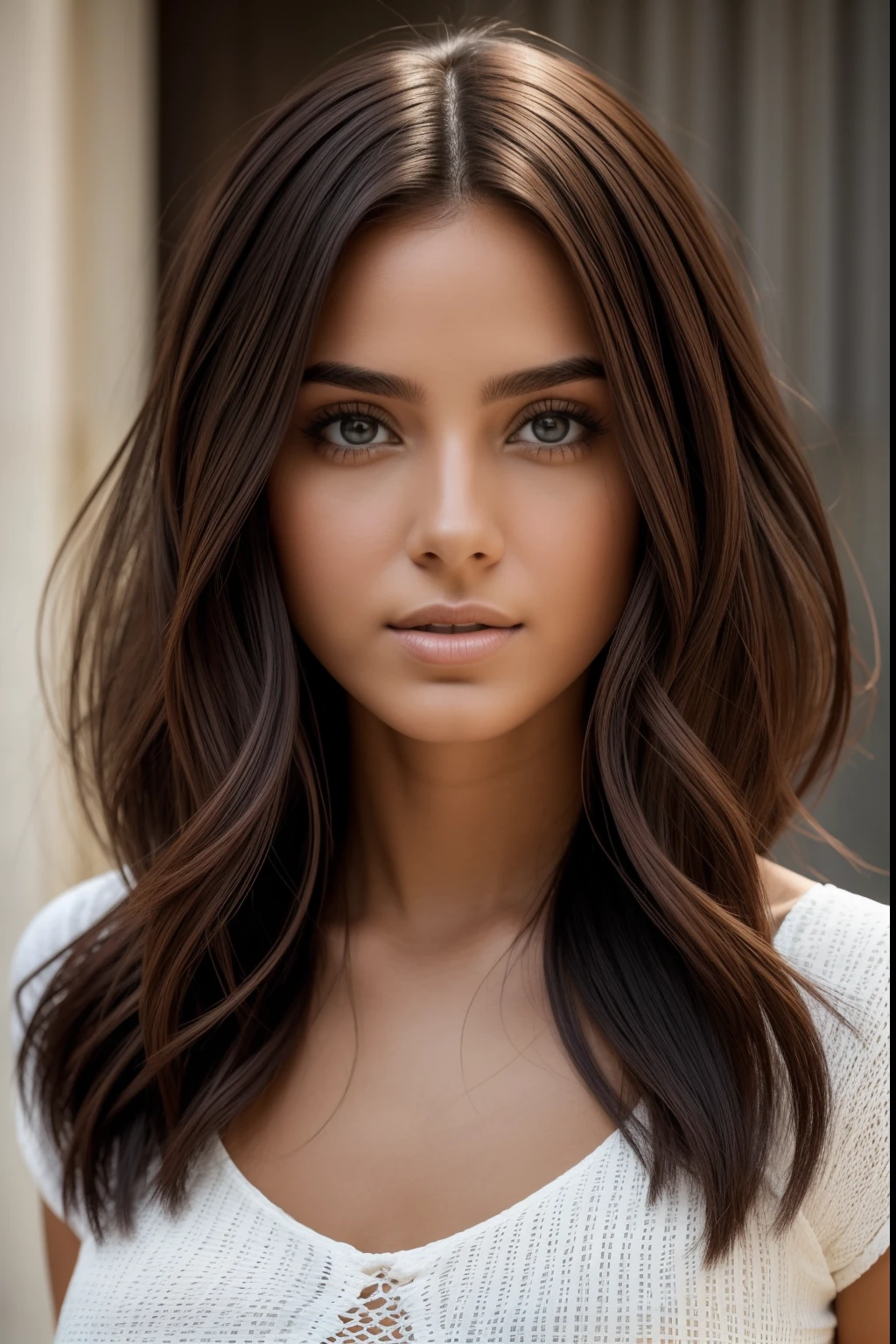 Natural photograph of a beautiful girl, usar un crop top suelto, inclinarse sobre, Cabello largo y suelto, Busto grande, Lock your eyes on camera, eyes symmetrical, face symmetrical, fotorrealista, Cinematographer, Seguimiento de rutas, specular lighting, Volumetric light for the face, Camino trazado del cabello, Sombras visibles, intrincado, elaborar