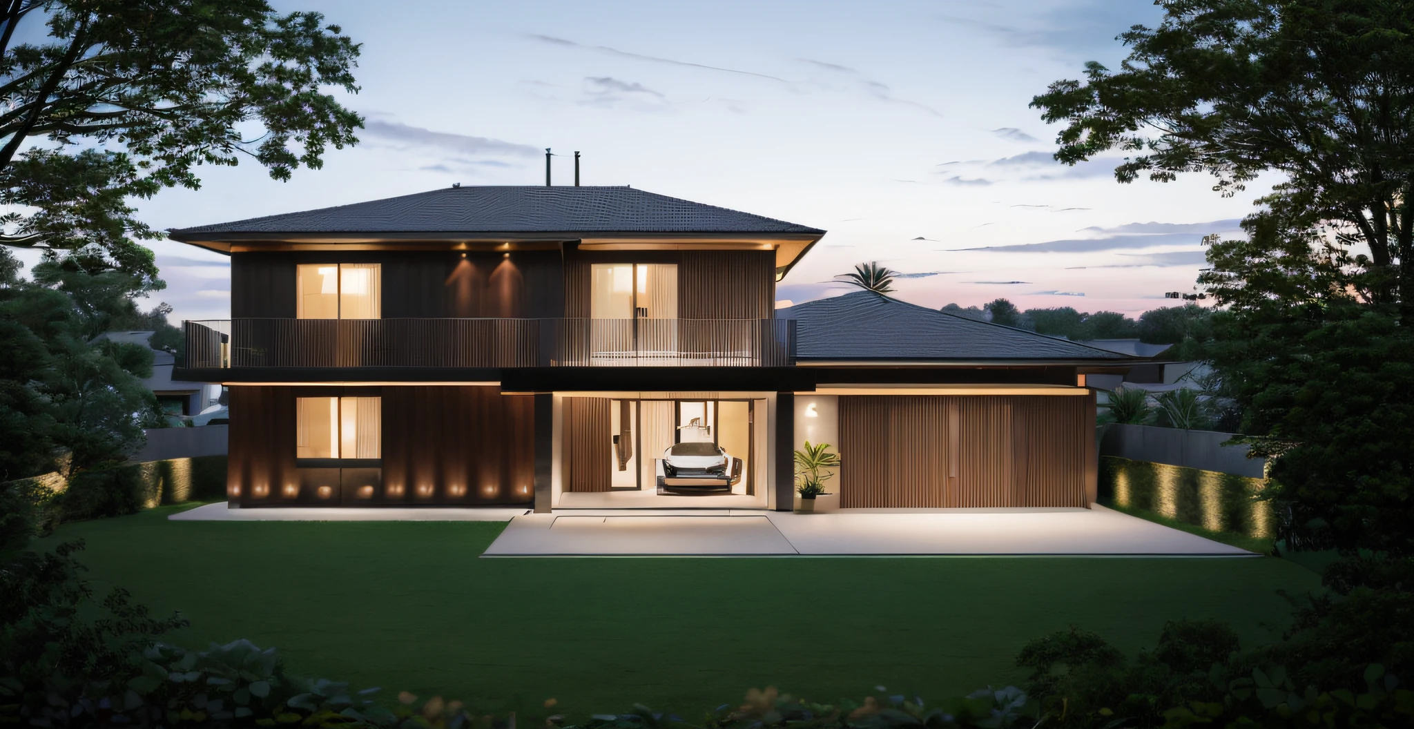 a view of a modern home with a large front yard, main material by glossy white wall and black stone and wood,  1 road runs in front of the house,  (RAW photo, real, best quality, masterpiece:1.2), look morden minimalist, 1 road in front of the house, shime ring light, light brighteness from indoor:1.2, dynamic lighting:1.3, (hyper realistic, photo-realistic:1.2), high quality, day lighht, hight contrast :0.5 perfect lighting, archdaily,  award winning contemporary, contemporary masterpiece, well-designed masterpiece, large modern residence, neotraditional modern, wide angle exterior 2022, midcentury modern, contemporary house, hip modern vibe, a long-shot from front, award winning modern design, stunning lines, residential, subtle detailing