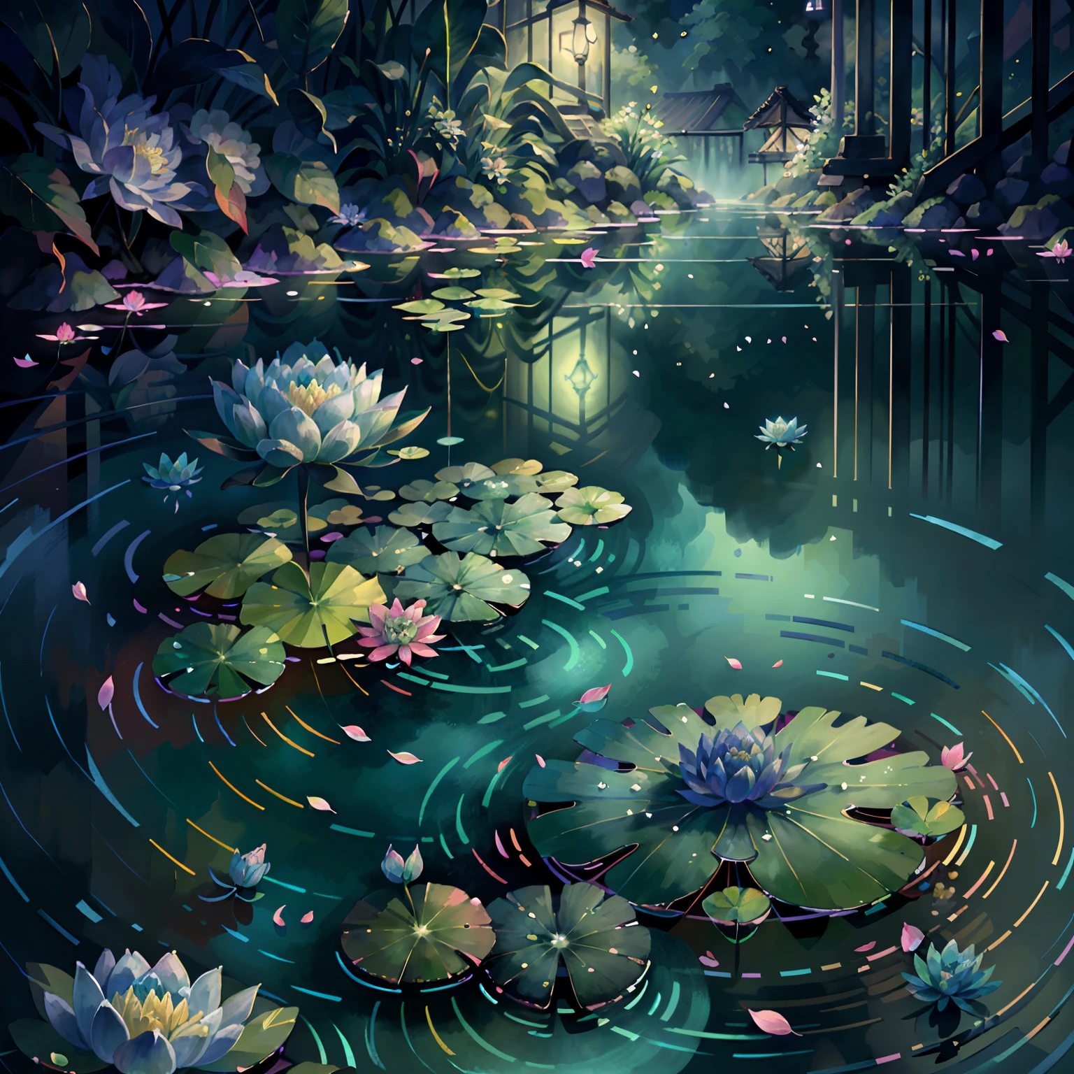 Original，（illustratio：1.1），（best qualtiy），（tmasterpiece：1.1），（the Extremely Detailed CG Unity 8K Wallpapers），（a color：1.2），water lilies，Water lily petals，scenecy，rios|Wagas, at night, lights