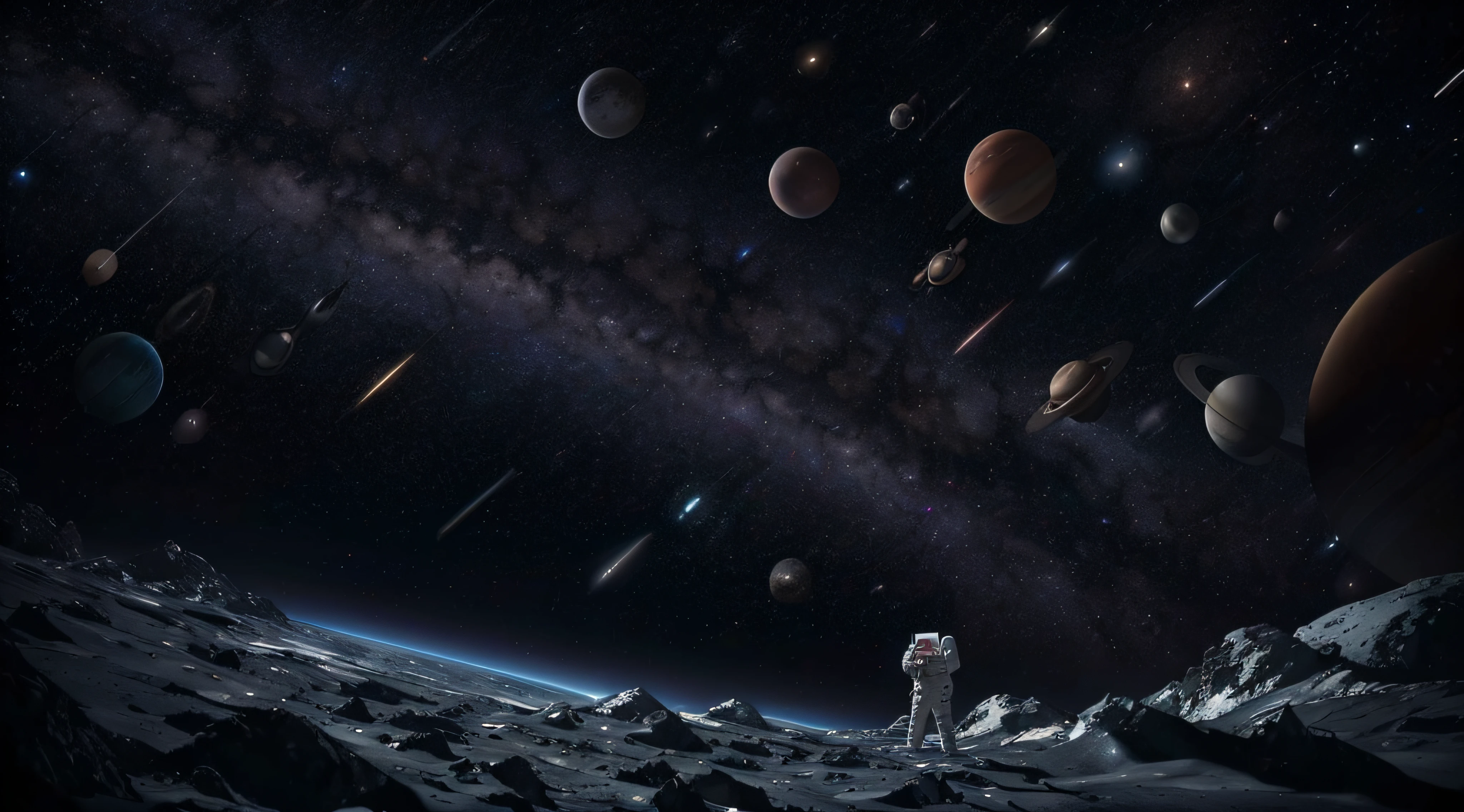 a picture of an astronaut floating in the space with full of stars and planets