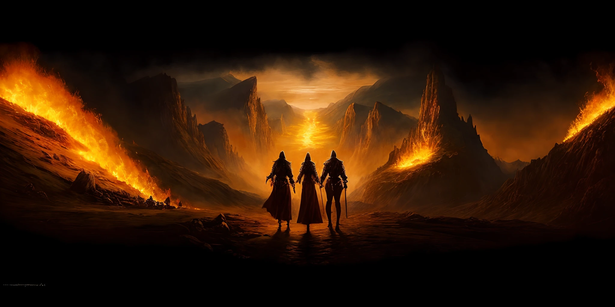 There are two people in front of a mountain full of fire, imagem promocional do filme, arte chave, fantasy epic digital art, holy fire spell art, Marc Simonetti e Sakimicha, concept art magical highlight, powerful fantasy epic legends, inspirado em Marc Simonetti, arte conceitual oficial, Luz industrial e magia, stunning arcanum backdrop