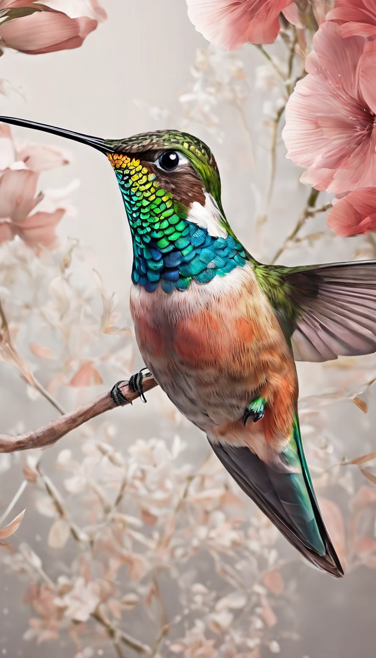 melhor qualidade, Altas:1.2, ultra-detalhado, cores vibrantes, Penas detalhadas, asas detalhadas, Realistic 8K rendering of a hummingbird, beautiful flowers in the background the Swiss Alps, arte profissional, master part:1.2, estilo de arte: surreal, soft lighting, tons de cores quentes,