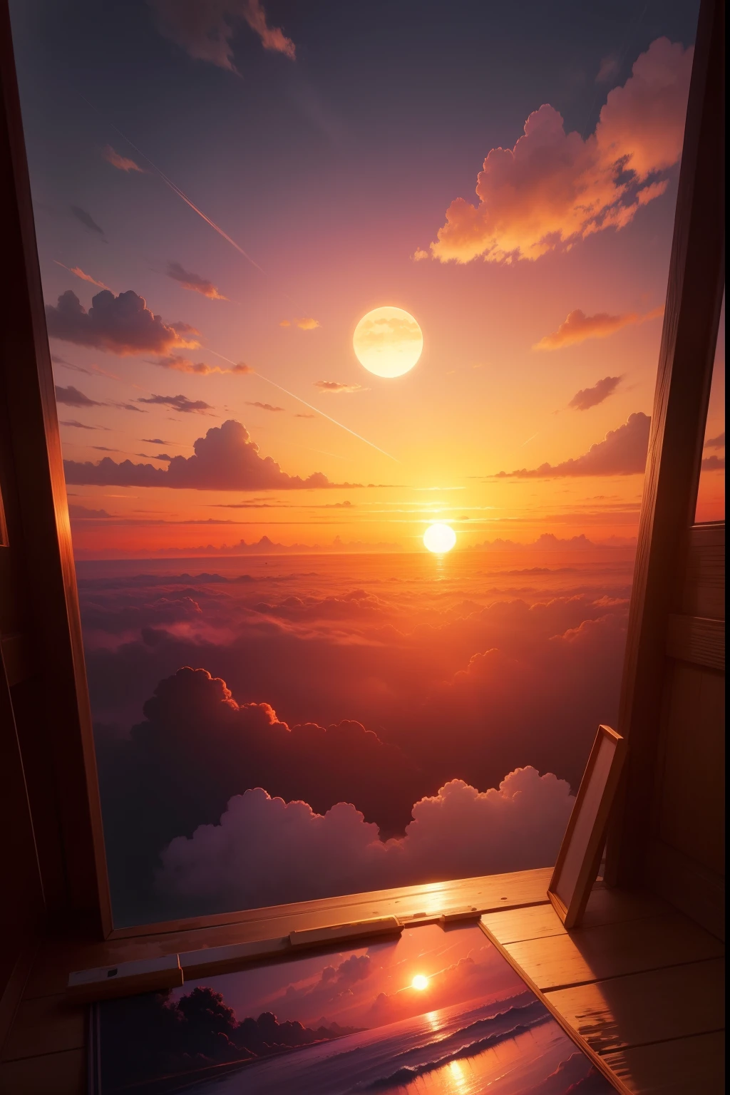 Anime style, HD Quality, masterpiece, The sun begins its descent behind the darkening horizon. Image: The sun lowering in the sky, painting the mesmerizing clouds with shades of orange pink and purple,