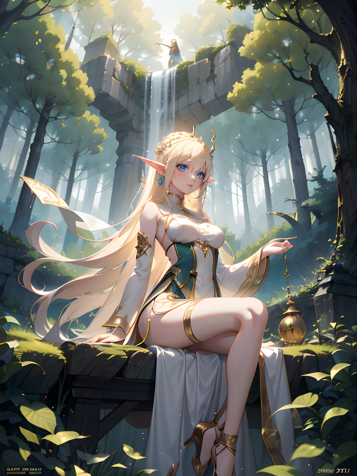 Very detailed CG (pretty eyes, seductive expression, Abra digital master in 3D render by artist arwen. The image is represented by a seductive and feminine elf with seductive pose inside a lake or reservoir, the character is manipulating the water with his hands, It is a mystical and magical image. The image is a portrait in 8K high definition, It has intricate details giving a feeling of mysticism to the viewer..