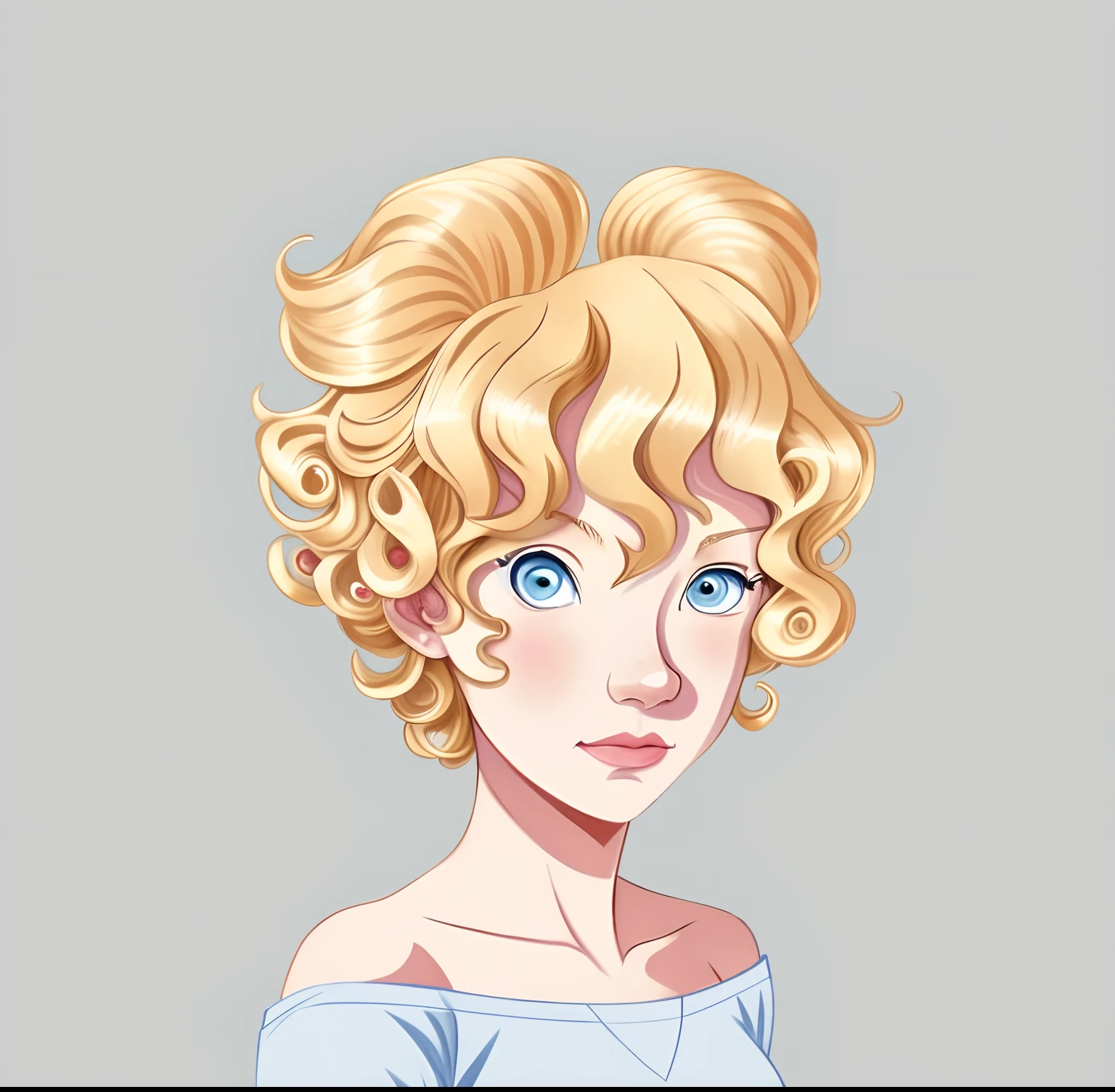 There is a painting of a woman with blonde hair and blue eyes, Short blonde curly girl with curly hair, curly blond hair | D & D, curly bang, curly blond hair, pale skin curled golden hair, flat anime style shading, in an anime style, subtle anime style, Blonde curly hair, half-body portrait, curlies, Top curls, Anime style portrait