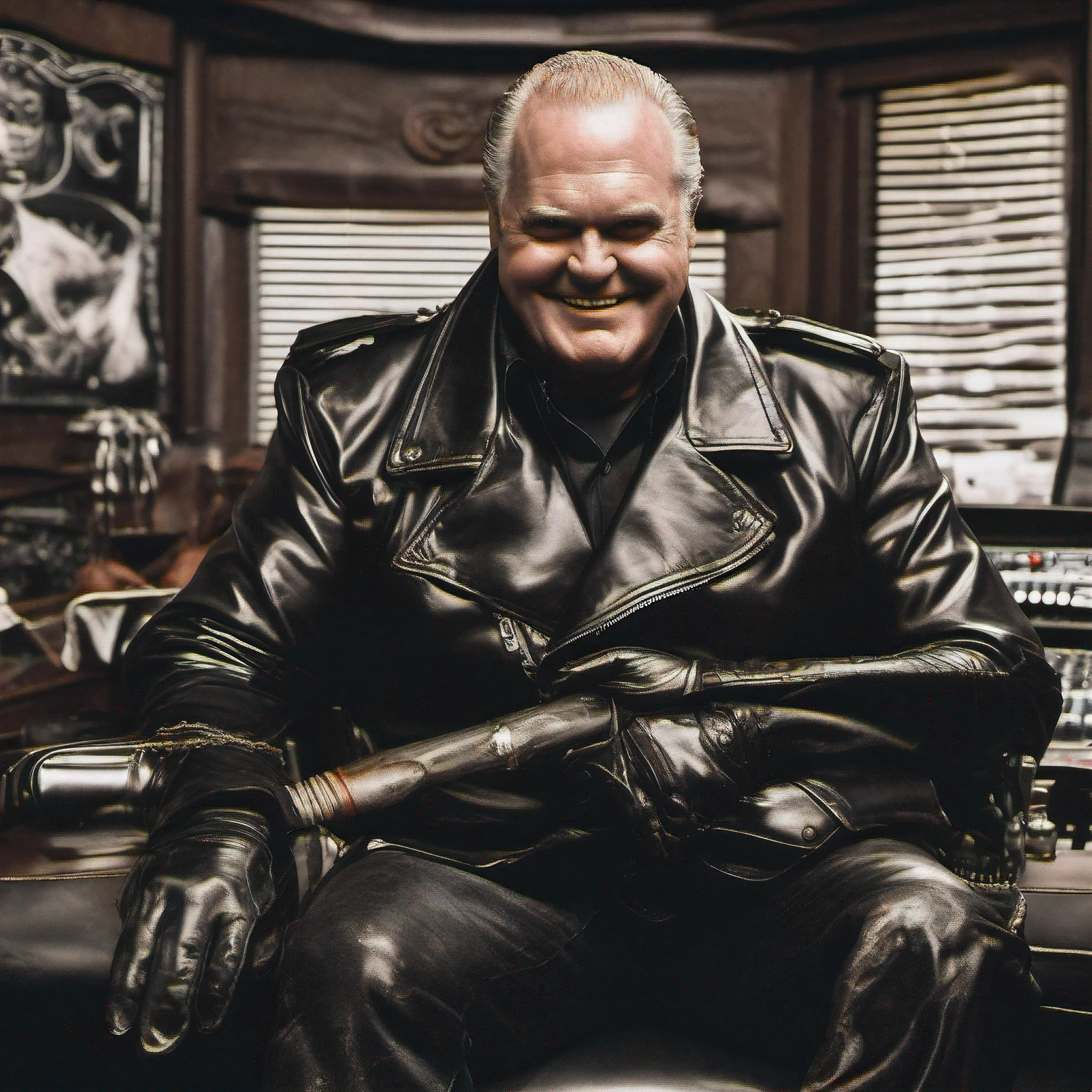 #Satanic, Masterpiece,"hyperdetailed facial features", full color remastered real photo of "Satan the Devil Prince of Darkness" who is ((evilly grinning bad crooked teeth):1.2) evil, deeply wrinkled, hatred furled, (corpulent chubby (commentator "Rush Limbaugh")) in clenched leather gloves as (dominant #leatherdaddy wearing ({"Scott Black Leather"(gloves, shirt, Satanic amulet, bikers trenchcoat, chaps, stiletto Dehner boots, belts, gloves), blackleather})) in radio booth demonstrating his immense demonic power, masterfully shot using "Canon EOS-1D X III dslr"+"EF 24mm f/1.2L IS lens" in sinister-toned lighting
