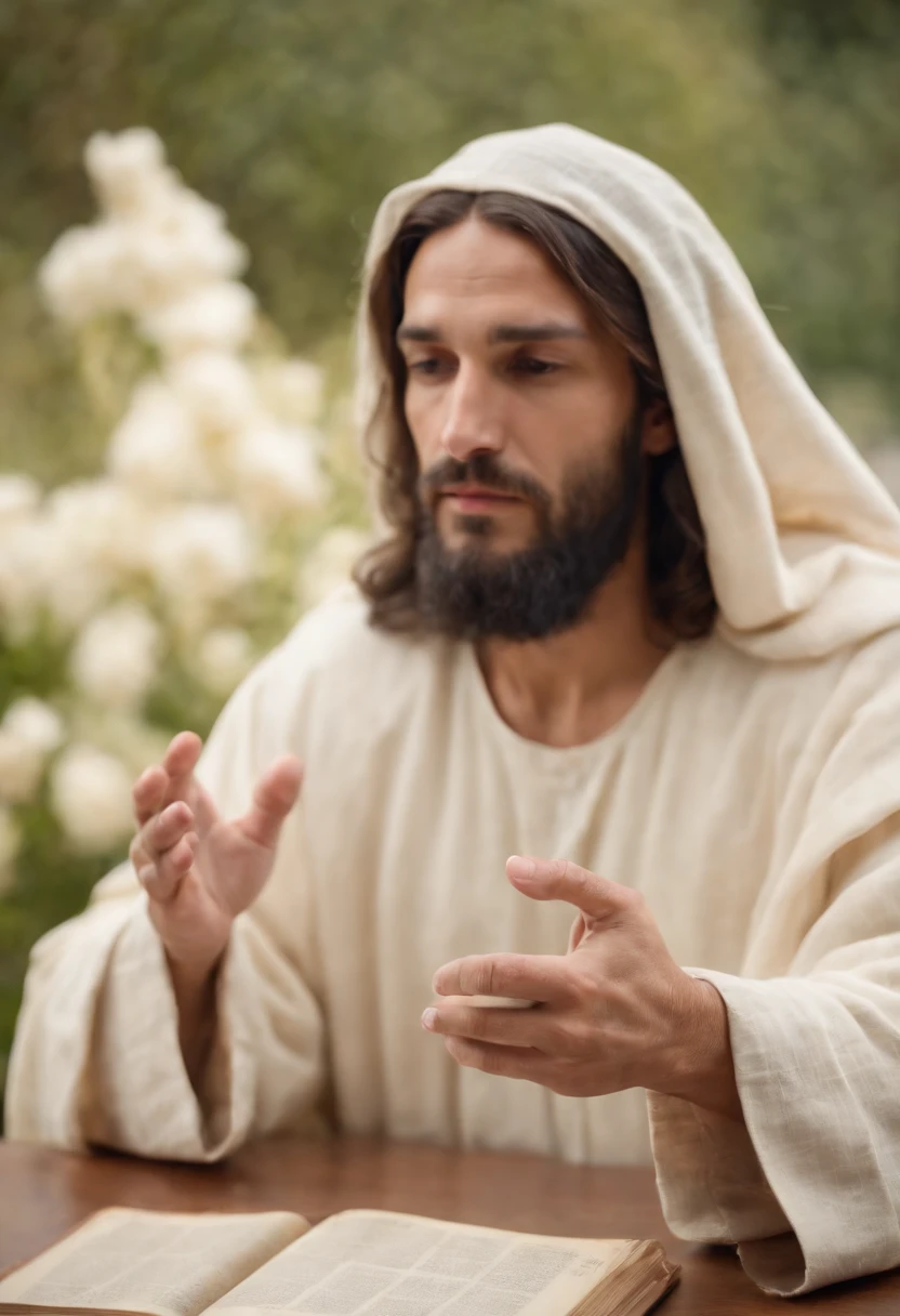 Describe a scene in which God is represented as Jesus, Sentado na frente de um computador digitando no teclado do computador, criando o mundo no fundo da image, Hand of an old man someone touching the shoulder of Jesus