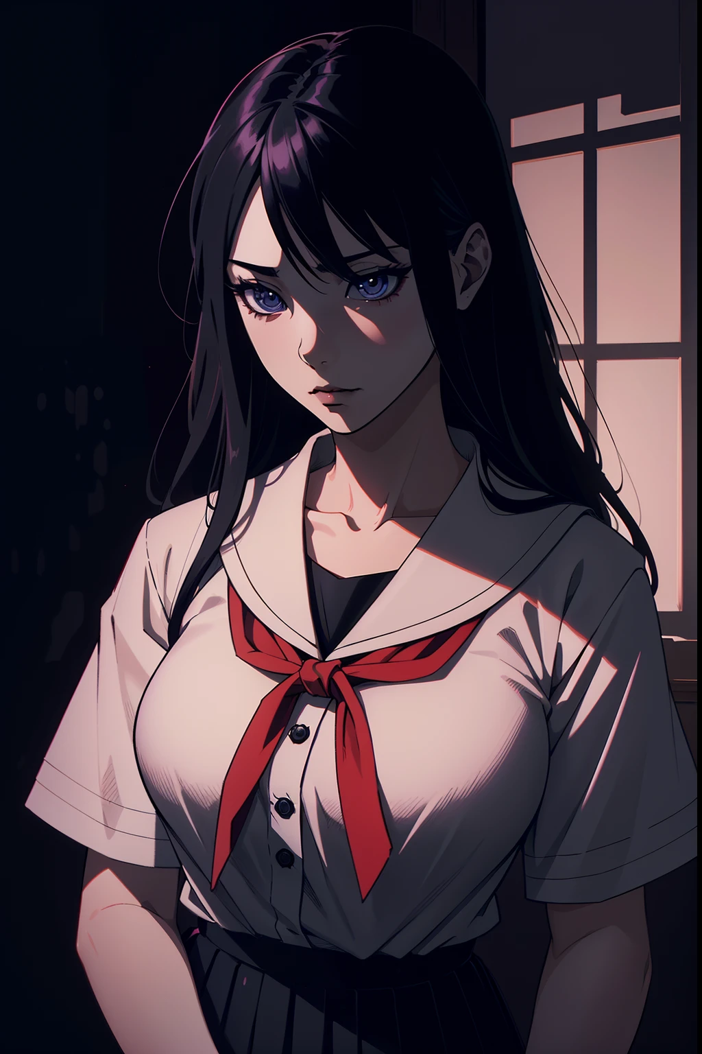 Tsugumi Shibata character from the anime Jigoku Shoujo with detailed eyes and face, long eyelashes, wearing a traditional school uniform, holding a straw doll, standing in a dark, mysterious background. The artwork should be done in a medium of digital illustration to achieve the best quality, realistic and detailed representation of the character. The color tone should be dark and moody, with a focus on shadows and contrasting highlights. The lighting should be dramatic, casting eerie shadows on the character and creating a haunting atmosphere. Additionally, the image should have a high resolution (4k or 8k) to capture every intricate detail, and the colors should be vivid and vibrant.