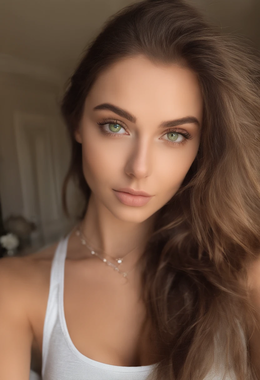 arafed woman with a white tank top and a necklace, sexy girl with green eyes, portrait sophie mudd, brown hair and large eyes, selfie of a young woman, bedroom eyes, violet myers, without makeup, natural makeup, looking directly at the camera, face with artgram, subtle makeup, stunning full body shot, piercing green eyes