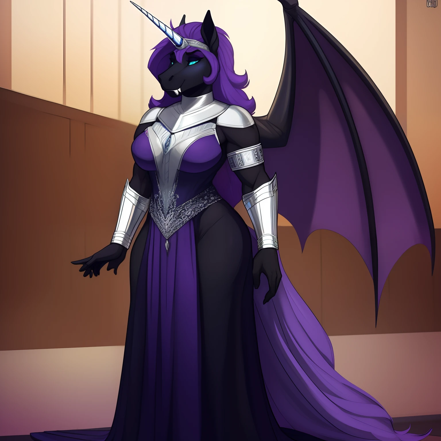 Tall_lithe_muscular_mature_unicorn female dark_purple_mane wavy_mane black_furry_body teal_eyes slit_pupils majestic solo Masterpiece best_quality absurdres highly_detailed gown_with_silver_trim silver_circlet silver_gorget silver_bracers cleanly_drawn_eyes fangs bat_wings purple_eyeshadow horse_snout starry_mane anthro_only by_claweddrip, by_greasymojo, by_underscore-b, by_runawaystride