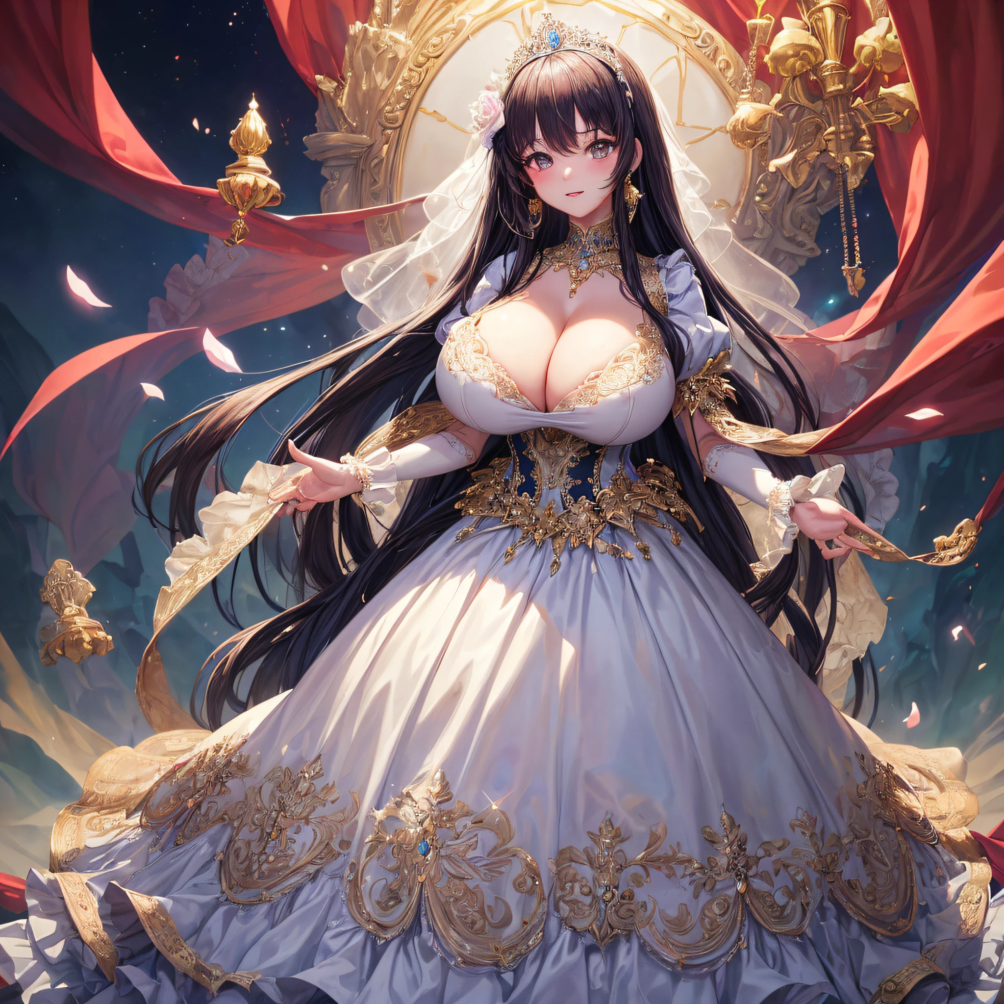 (masterpiece, best quality,extremely detailed:1.1),(moe anime art style:1.2),1girl,((full body)),((solo)), cute, kawaii,digital art,((1 bling-bling anime princess wearing beautiful embroidery and jeweled ruffled gorgeous princess ballgown with voluminous full length hoop skirt)),((crinoline)),long train,voluminous frills,(gorgeous embroidery and beautiful lace),((very gigantic boobs,skindentation)),cleavage,shiny hair,(((very long straight hair))),((finely detailed face and eyes)),clear pupil,extremely gorgeousfull hair ornament,(bling-bling jeweled extremely gorgeousfull tiara),(bling-bling gorgeous gemstone jewelry),long veil,beautiful background,fantasy background,flowers,flower petals flowing,full body,((beautiful embroidery and jeweled ruffled gorgeous princess ballgown with voluminous full length hoop skirt))