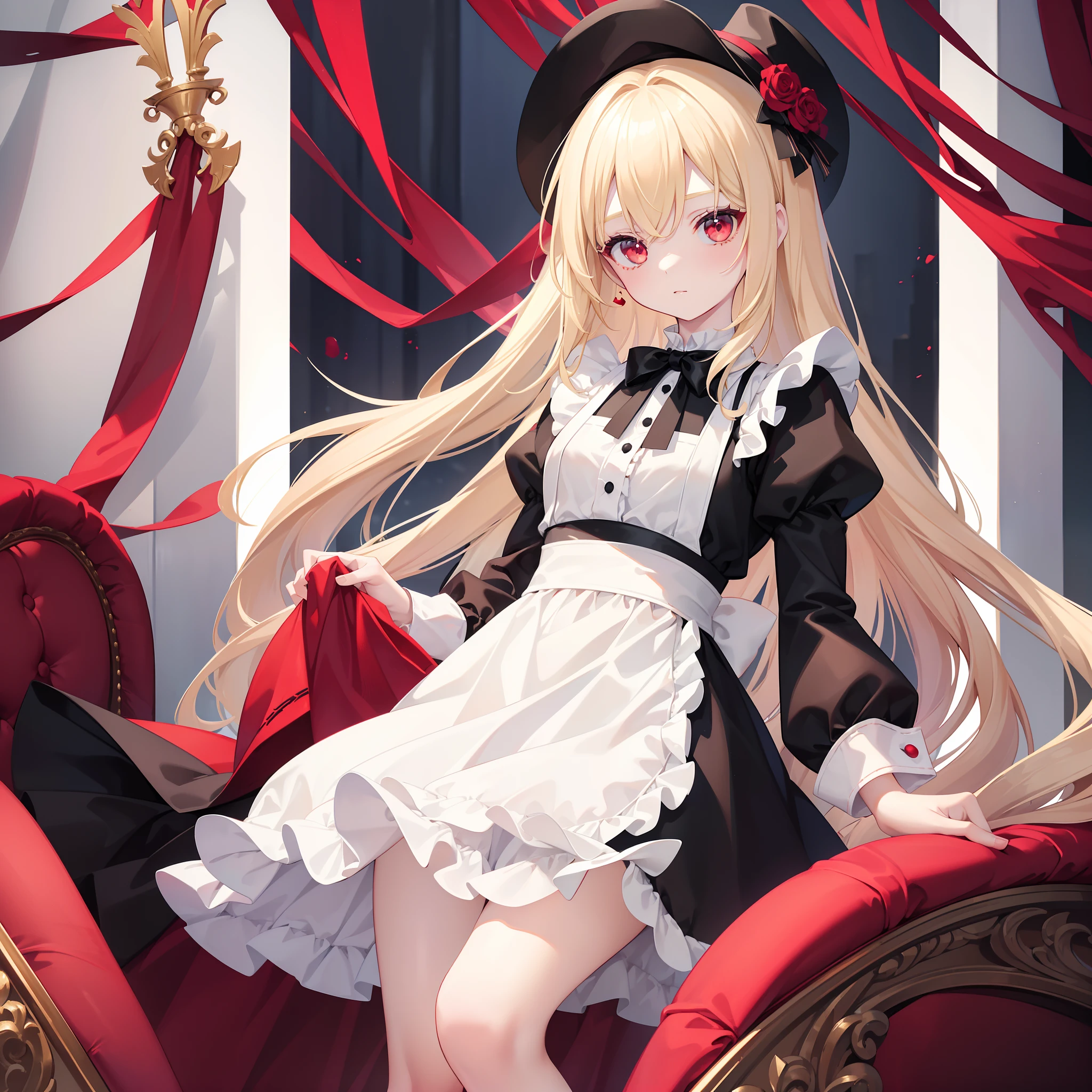 ((Best quality)), A young girl, characteristic of a fantasy world maid, possesses waist-length blonde hair, red eyes and pale skin. She is usually seen in a frilly black and white dress with a matching apron. Her attire is complimented with a hat featuring a black ribbon, and she wears red shoes contrasted by white socks.