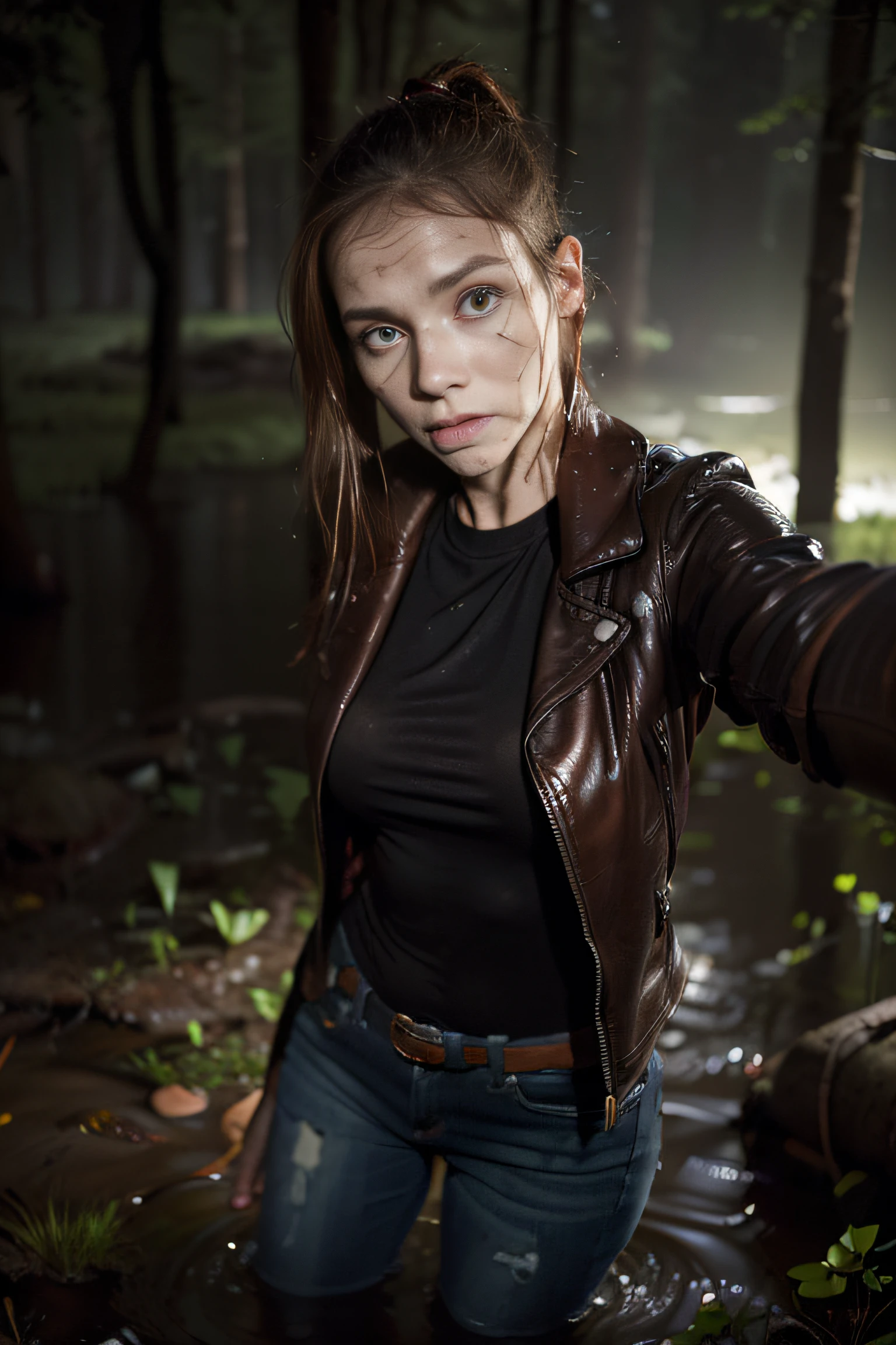 Tormented by lust, A woman in jeans and a leather jacket was caught off guard in the woods at night, indulging in his sexual fetish of drowning in a swamp. Lust makes her plunge into the swamp up to her thighs. Her face is haggard and dehydrated). She is perplexed and looks around in fright, But her reputation is ruined. There is pitch darkness all around, The light only comes from the camera's flash.
TAGS: night time, blurred background, (First-person selfie:1.7), (It's dark all around:1.5), (Light only from the camera:1.5). The woman, (Tormented by lust:1.4), wearing jeans, leather jacket, swamp, (stands, drowning in a bog:1.7), (Sexual fetish:1.3), fright, stunned, Looking around. (emaciated face:1.6), (dehydrated face:1.6), (swelling of the face:1.6), (Copper-red short hair gathered in a ponytail:1.2),