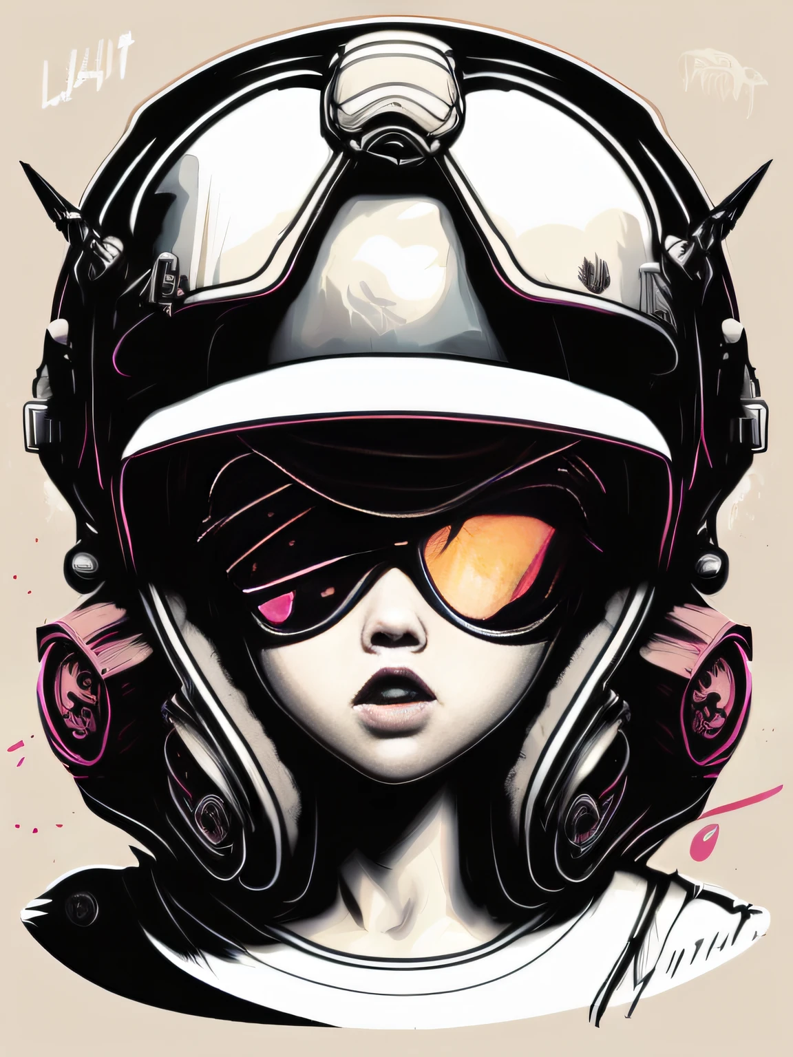 design for tshirt、masutepiece、Roffi style、ultra-detailliert、ighly detailed,、Monochrome painting、((Super cute and cool girl from Helmet Squadron))、(No logo:1.2)