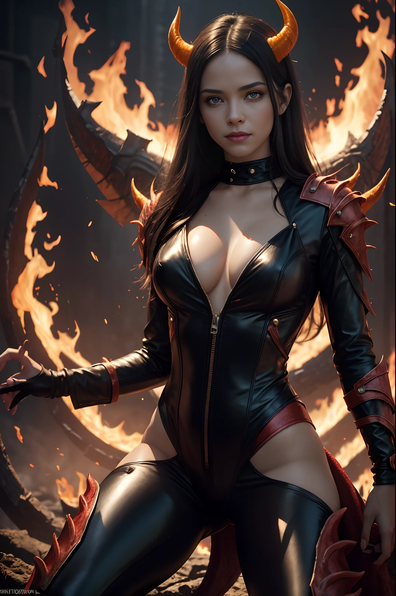 (Beautiful mature female (Jenna Ortega:Corinna Harney:0.4) demon), horns, tail, (cruel smile), pale skin, sexy leather clothes, wreathed in fire, (fiery eyes:1.2), perfect proportions, straddling a naked man, temptation, taking your soul, hellscape background, tortured souls, hordes of hell in the distance, (masterpiece), (photorealistic:1.4), RAW photo, best quality, high res, rich colors, backlight, bright sunlight, cinematic lighting, film grain, raw photo, 50mm lens, Nikon D850, warm colors