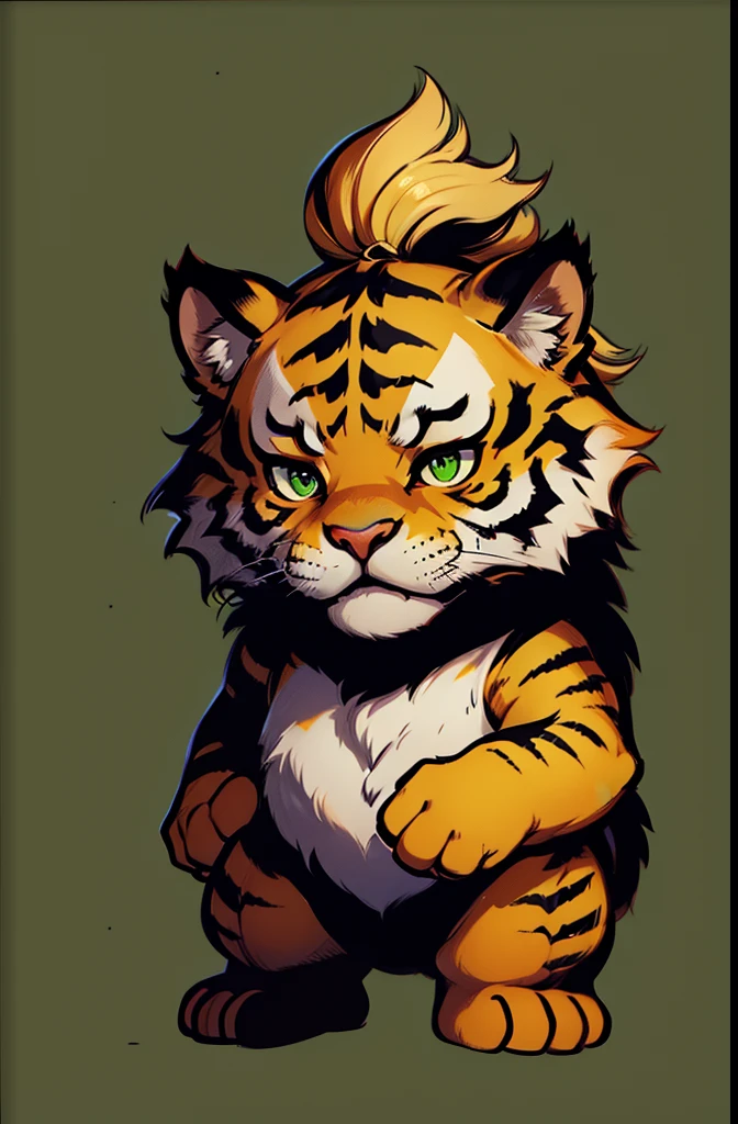 ***ung tiger,warrior, chibi, anthropomorphic, golden fur, big green eyes, simple dark background