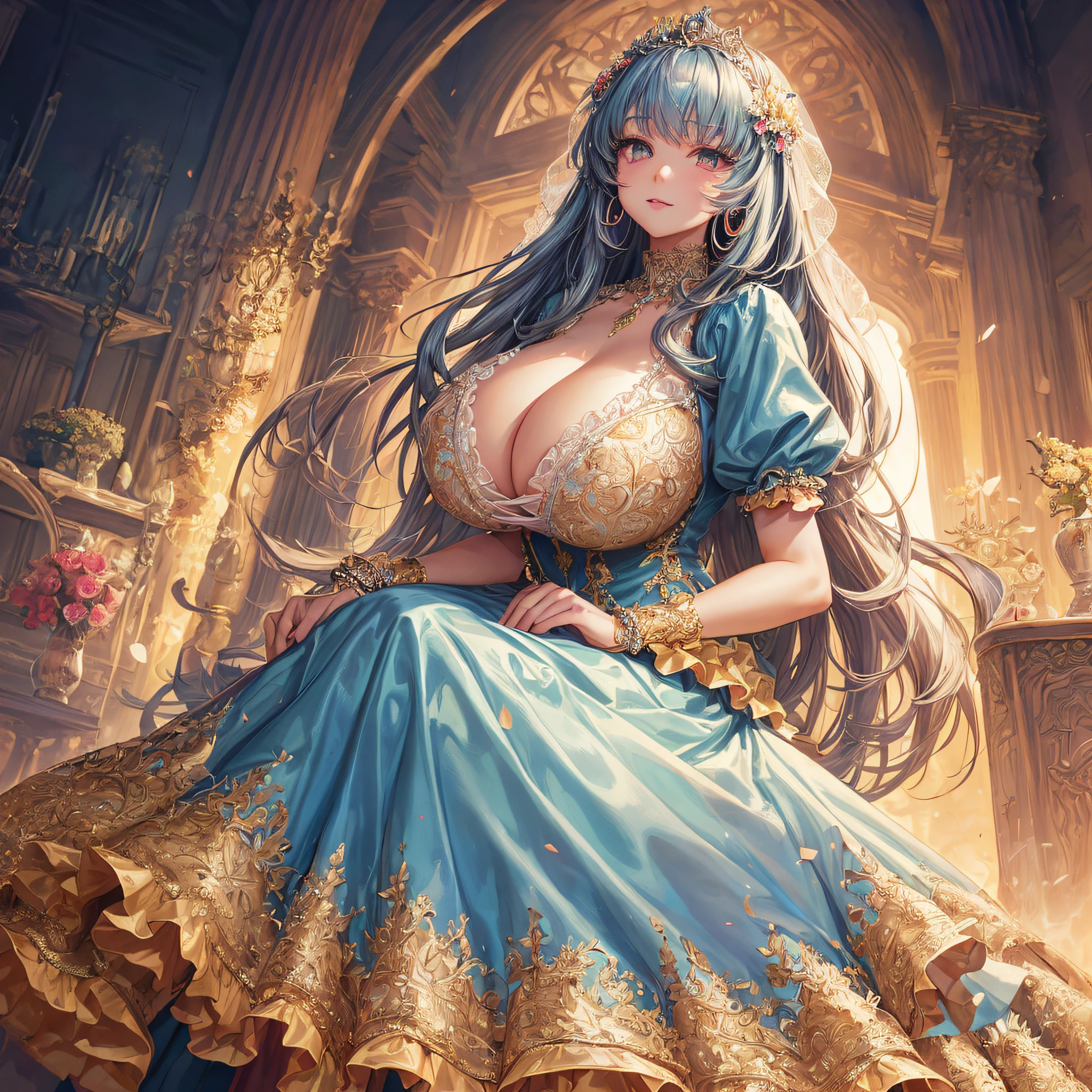 (masterpiece, best quality,extremely detailed:1.1),(moe anime art style:1.2),1girl,((full body)),((solo)), cute, kawaii,digital art,((1 bling-bling anime princess wearing beautiful embroidery and jeweled ruffled gorgeous princess ballgown with voluminous full length hoop skirt)),((crinoline)),long train,voluminous frills,(gorgeous embroidery and beautiful lace),((very gigantic boobs,skindentation)),cleavage,shiny hair,(((very long straight hair))),((finely detailed face and eyes)),clear pupil,extremely gorgeousfull hair ornament,(bling-bling jeweled extremely gorgeousfull tiara),(bling-bling gorgeous gemstone jewelry),long veil,beautiful background,fantasy background,flowers,flower petals flowing,full body,((beautiful embroidery and jeweled ruffled gorgeous princess ballgown with voluminous full length hoop skirt))