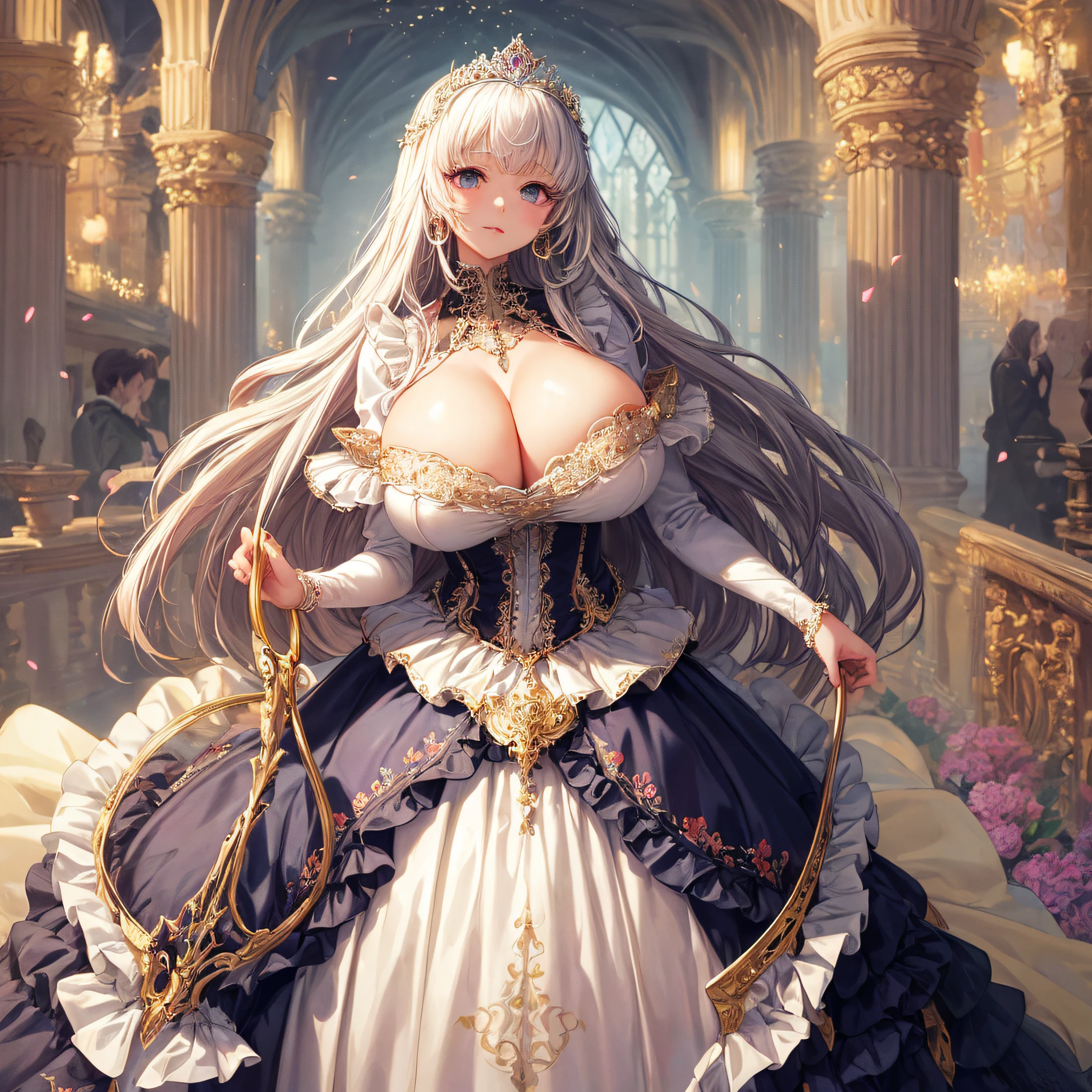 (masterpiece, best quality,extremely detailed:1.1),(moe anime art style:1.2),1girl,((full body)),((solo)), cute, kawaii,digital art,((1 bling-bling anime princess wearing beautiful embroidery and jeweled ruffled gorgeous princess ballgown with voluminous full length hoop skirt)),((crinoline)),long train,voluminous frills,(gorgeous embroidery and beautiful lace),((very gigantic boobs,skindentation)),cleavage,shiny hair,(((very long straight hair))),((finely detailed face and eyes)),clear pupil,extremely gorgeousfull hair ornament,(bling-bling jeweled extremely gorgeousfull tiara),(bling-bling gorgeous gemstone jewelry),long veil,beautiful background,fantasy background,flowers,flower petals flowing,full body,((beautiful embroidery and jeweled ruffled gorgeous princess ballgown with voluminous full length hoop skirt))