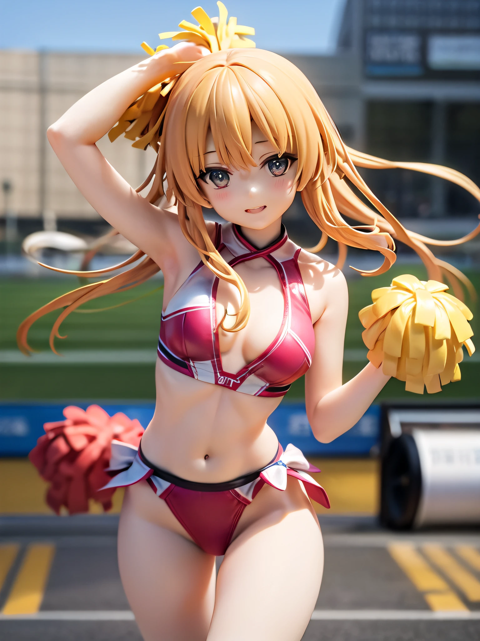 （Super lascivious cheerleader:1.3）、(Outside the stadium:1.0)、(tiny chest:1.1)、extremely delicate and beautiful,visual impact, grow,The ultra -The high-definition, Raw photography, top-quality, hight resolution, (​masterpiece), (Photorealsitic:1.4), Anime Cosplay, foco nítido, nffsw,Unity 8k壁纸, intricate detailes, depth of fields,nffsw,amazing, contour deepening,front lit,（Oil Highlights：1.4）, girl with, beautiful countenance、Very detailed background,ssmile、(A slender:1.5)、see -through、Big cheerleader posing with pom-pom in hand、Cheerleading in petite white and red costume、