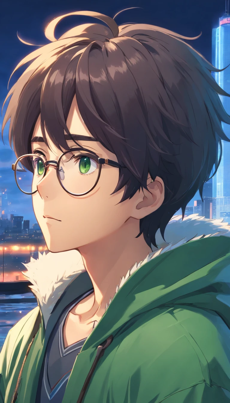 The prompt for Stable Diffusion is:
"A man with engineer-shaped glasses as his headwear, wearing a green cloak with laces, and having black hair styled into a hedgehog, (best quality, 4k, 8k, highres, masterpiece:1.2), ultra-detailed, (realistic, photorealistic, photo-realistic:1.37), vivid colors, concept artists, portrait, landscape, studio lighting".