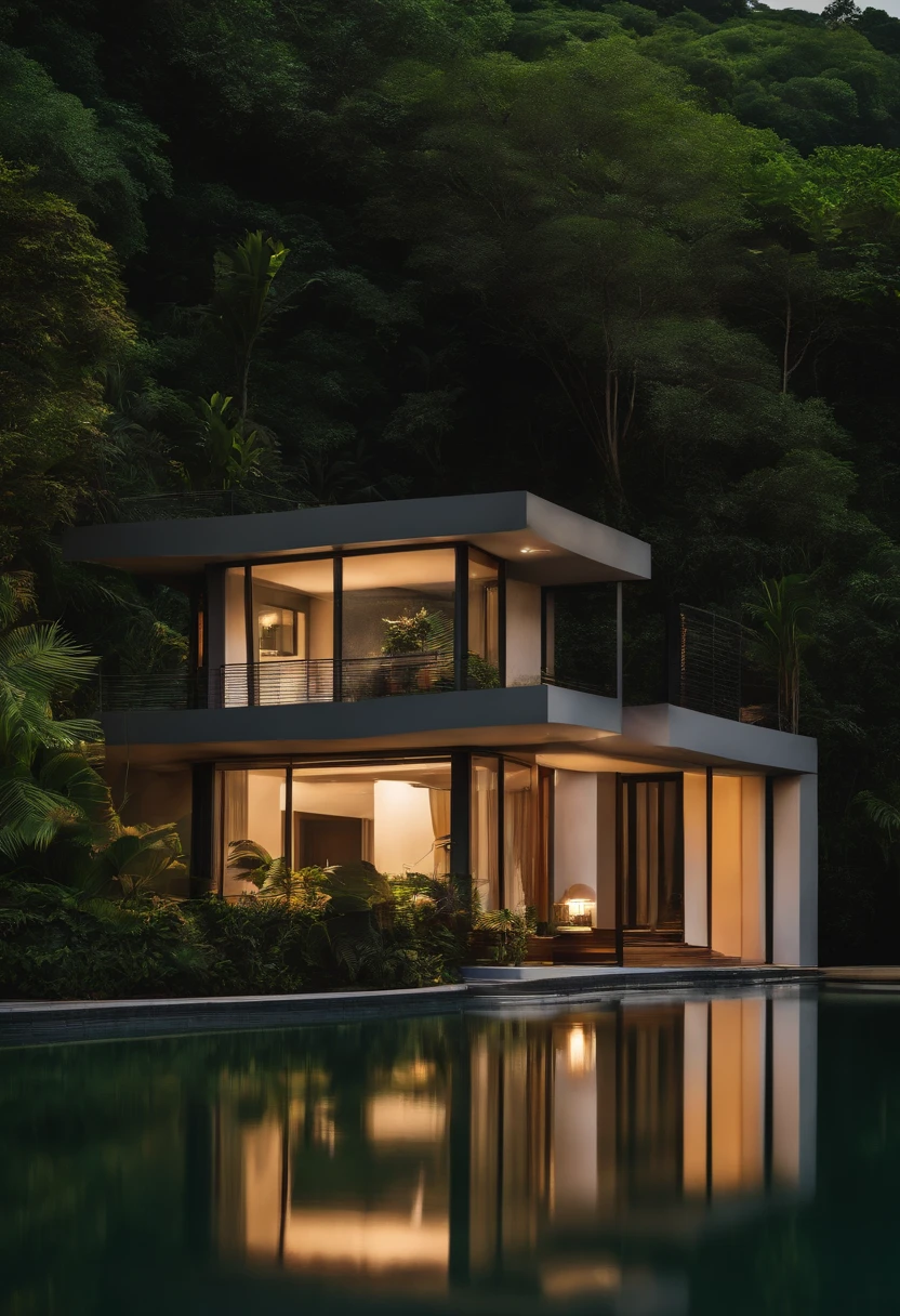 Single-family duplex house next to a tropical water body and forests , de noite, com a lua cheia no ceu brilhando