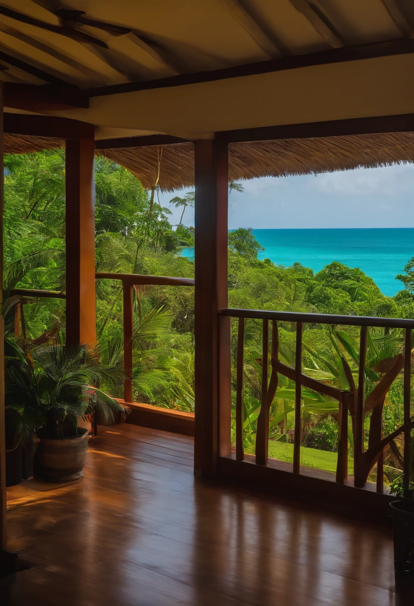 Single-family duplex house next to a tropical water body and forests , de noite, com a lua cheia no ceu brilhando