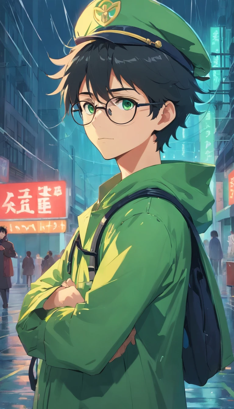 A man with glasses in the uniform of an engineer as a headdress, in a green raincoat with laces, and black hair, stacked in a hedgehog, Cyan eyes
