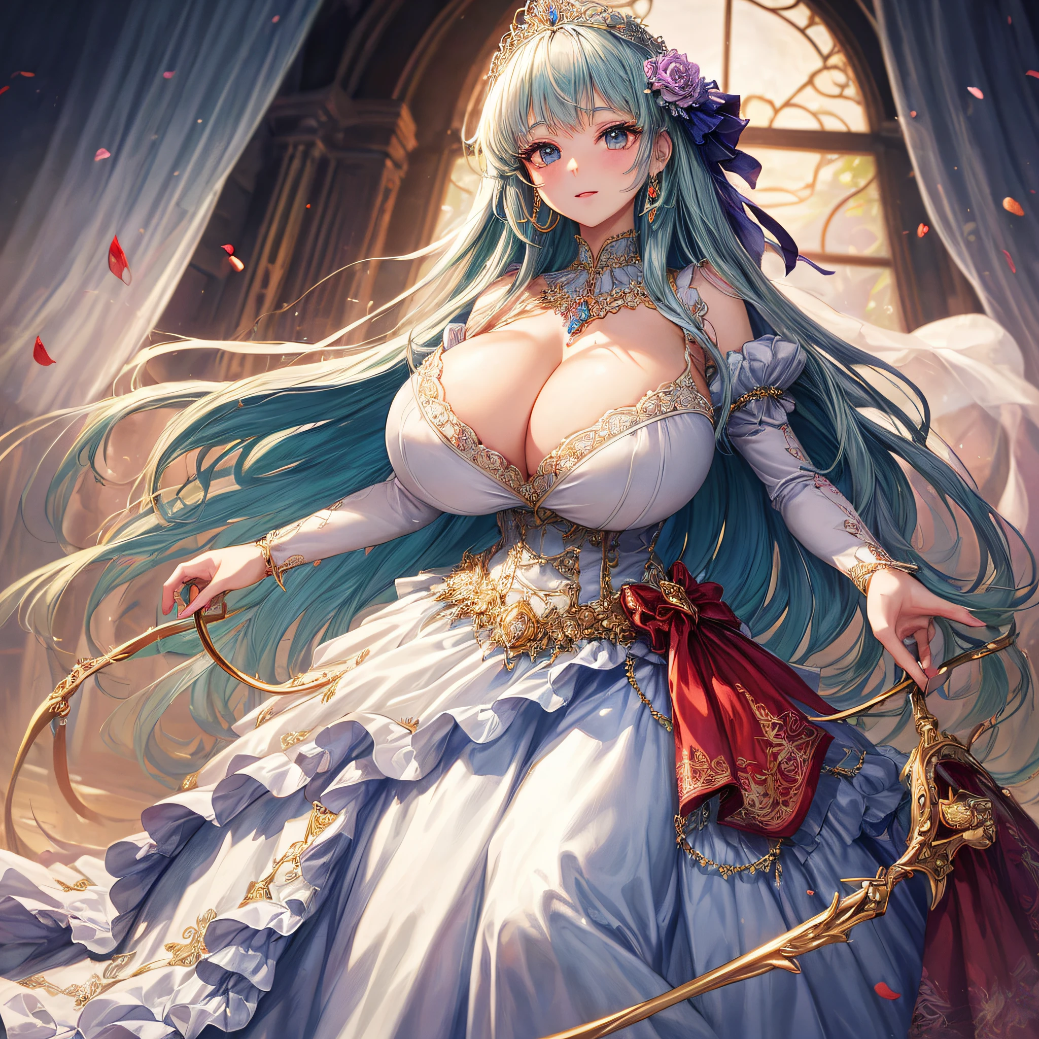 (masterpiece, best quality,extremely detailed:1.1),(moe anime art style:1.2),1girl,((full body)),((solo)), cute, kawaii,digital art,((1 bling-bling anime princess wearing beautiful embroidery and jeweled ruffled gorgeous princess ballgown with voluminous full length hoop skirt)),((crinoline)),long train,voluminous frills,(gorgeous embroidery and beautiful lace),((very gigantic boobs,skindentation)),cleavage,shiny hair,(((very long straight hair))),((finely detailed face and eyes)),clear pupil,extremely gorgeousfull hair ornament,(bling-bling jeweled extremely gorgeousfull tiara),(bling-bling gorgeous gemstone jewelry),long veil,beautiful background,fantasy background,flowers,flower petals flowing,full body,((beautiful embroidery and jeweled ruffled gorgeous princess ballgown with voluminous full length hoop skirt))