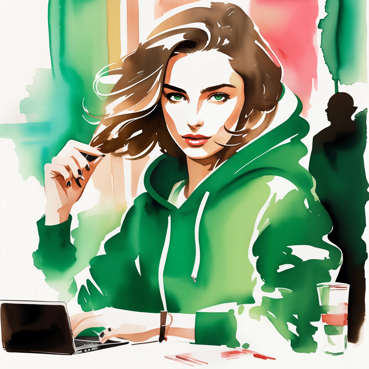 David downton fashion illustration, woman light brown thin hair blonde bob, green apple color hoodie, andreea diaconu, cute, work laptop, street cafe, cornflower, pich, rose colir, watercolor art
