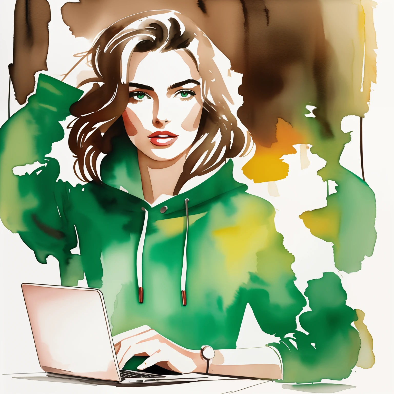 David downton fashion illustration, woman light brown thin hair blonde bob, green apple color hoodie, andreea diaconu, cute, work laptop, street cafe, cornflower, pich, rose colir, watercolor art
