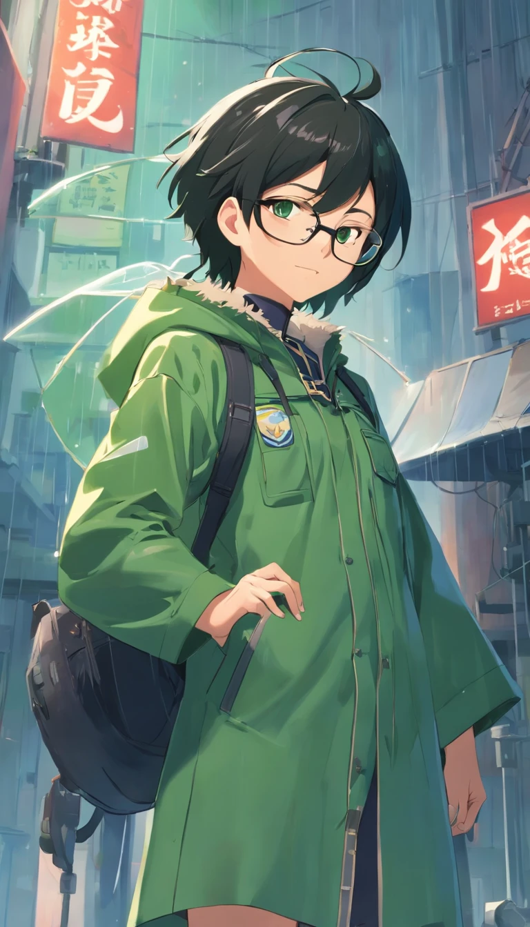 A man with glasses in the uniform of an engineer as a headdress, in a green raincoat with laces, and black hair, stacked in a hedgehog. Next to him, Sveta Sollar twists her ass