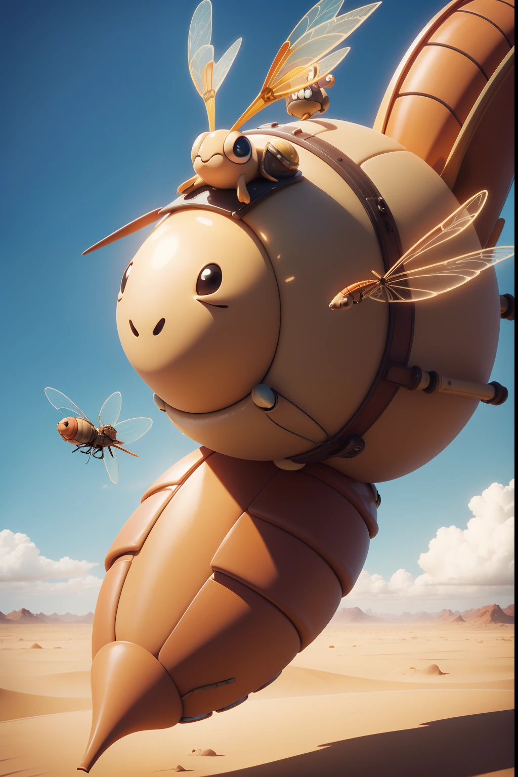 A cheerful and very cheerful huge mechanical snail with dragonfly wings flies in the clouds. Close-up. Super realistic. cinematic. Disney cartoon. Desert background blurred in fast motion. Light haze.