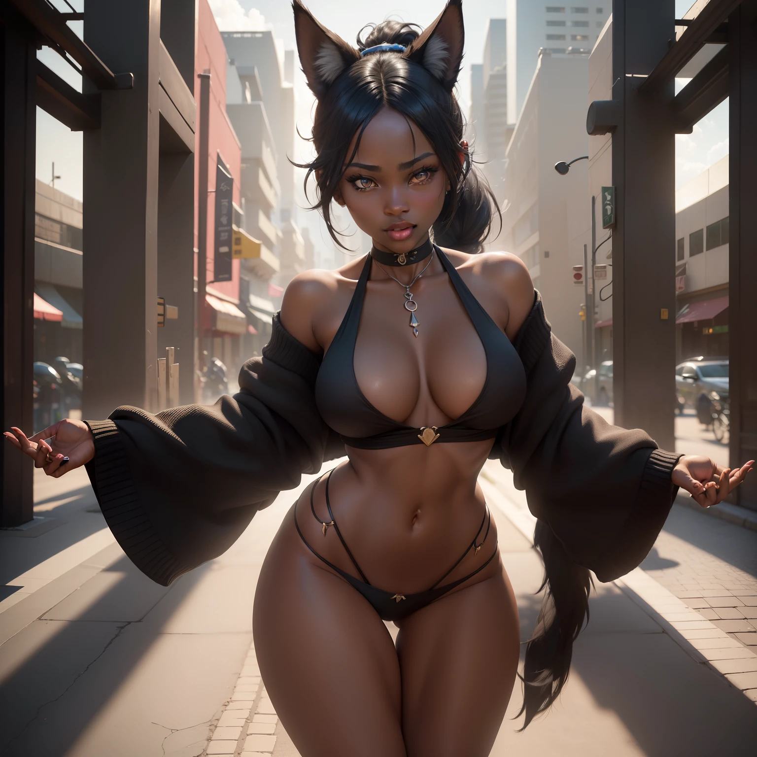 ((wolf ears and tail)), ((African dark skin, very deep ebony skin)), ((her beauty is undeniable)), ((excited cute face)), ((hyper detailed perfect eyes,)), ((cute pose)), ((tongue out)), ((seductive )), sexy, (( Solid Drop Shoulder Open Front Cardigan )), ((African long ponytail hair,)), (( skin)), ((standing, front view)), ((touching her own legs in a sexy pose)), ((outdoors, public city)), sharp focus cgi, , high detail, , masterpiece, absurdres, best quality, HDR, high quality, high-definition, extremely detailed, 8k wallpaper, intricate details, 8K uhd, Full-HD, ( photo:1.2), contrast, harsh lighting, cinematic lighting, natural lighting, hard light, backlighting, global illumination, ambient occlusion