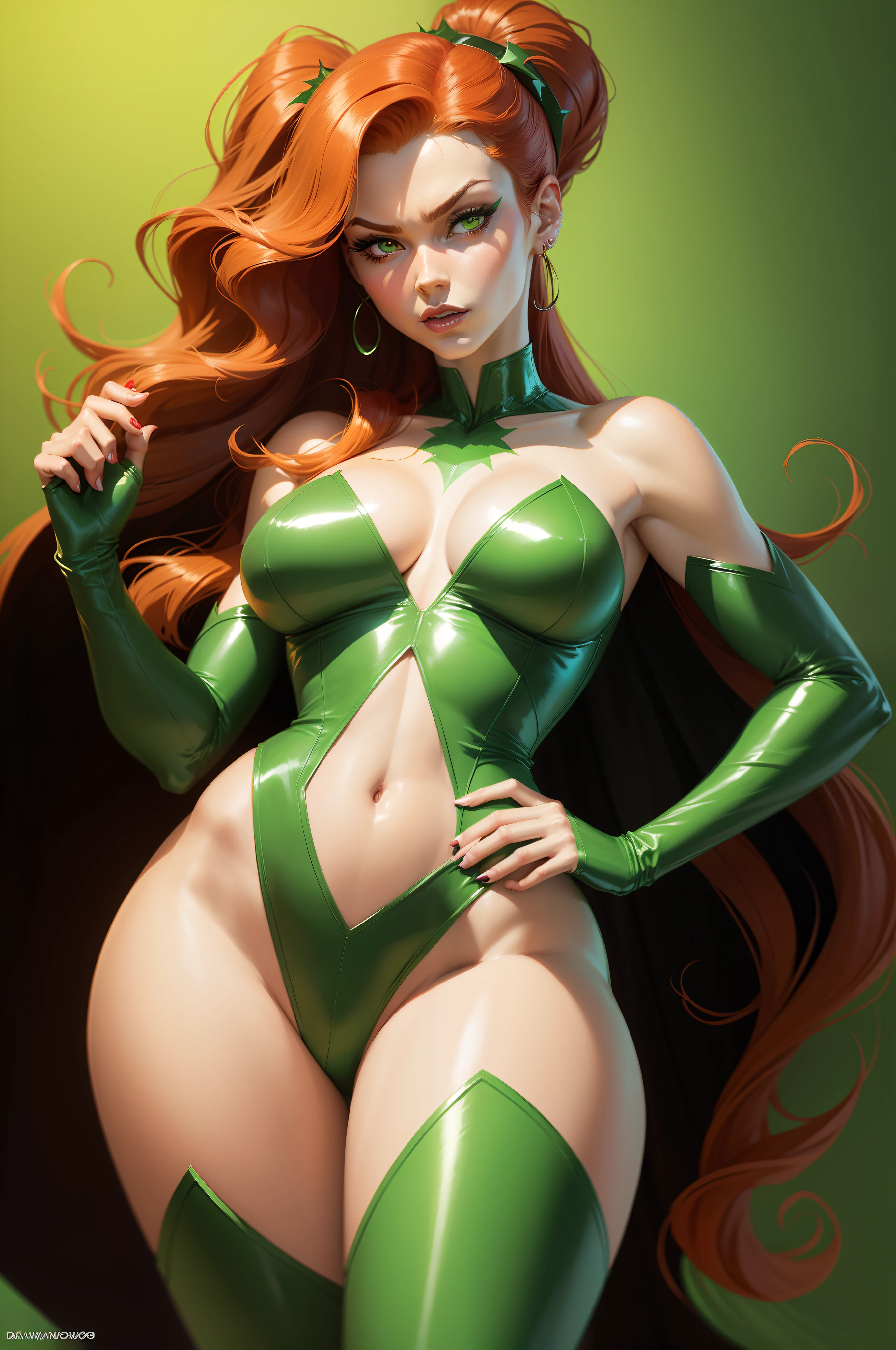 a cartoon picture of a woman in green and red costume, poison ivy, poison ivy from batman, inspired by Bruce Timm, steven artgerm lau, ivy, deviantart artstation cgscosiety, comic pinup style, starfire, by Randy Vargas, jean grey, disney pixar art style, high quality colored sketch, by Ric Nagualero