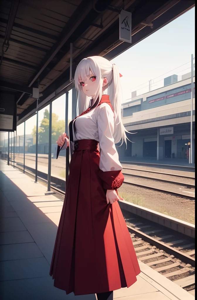 girl with white hair, medium length hair, short height, Demon Slayer art style, small breasts, Kimetsu no yaiba clothing style, red clothes, background train, train station
