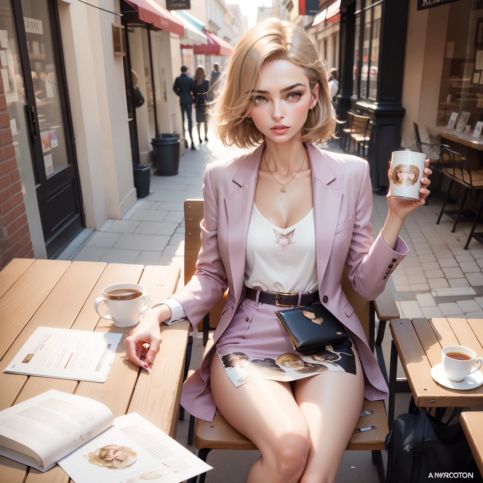 David downton fashion illustration, woman light brown thin hair blonde bob, lilac color jacket, andreea diaconu, cute, work laptop, cup tea, street cafe, sunlight, watercolor art