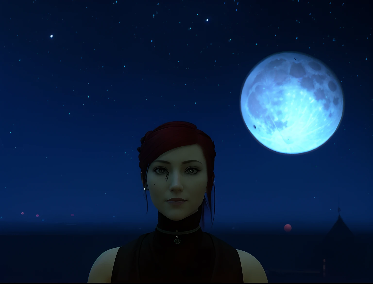 there is a woman standing in front of a full moon, in front of a pale full moon, in front of a big moon, in front of a full moon, moons in background, in front of the moon, during a blood moon, second life avatar, (moon in the background), nighttime moonlit, detailed crimson moon, with full moon in the sky red haired pretty woman, gun assassin, mercenary, evil laugh, evil, psychopath, wide eyes, short and low ponytail, two heavy scars across right eye (starting from top of eye), white eyes, black cloth top, portrait, medieval times, drop shadow, wide shot, high detail, anatomically correct, masterpiece, highres, high quality, high details, 8k, retina,
