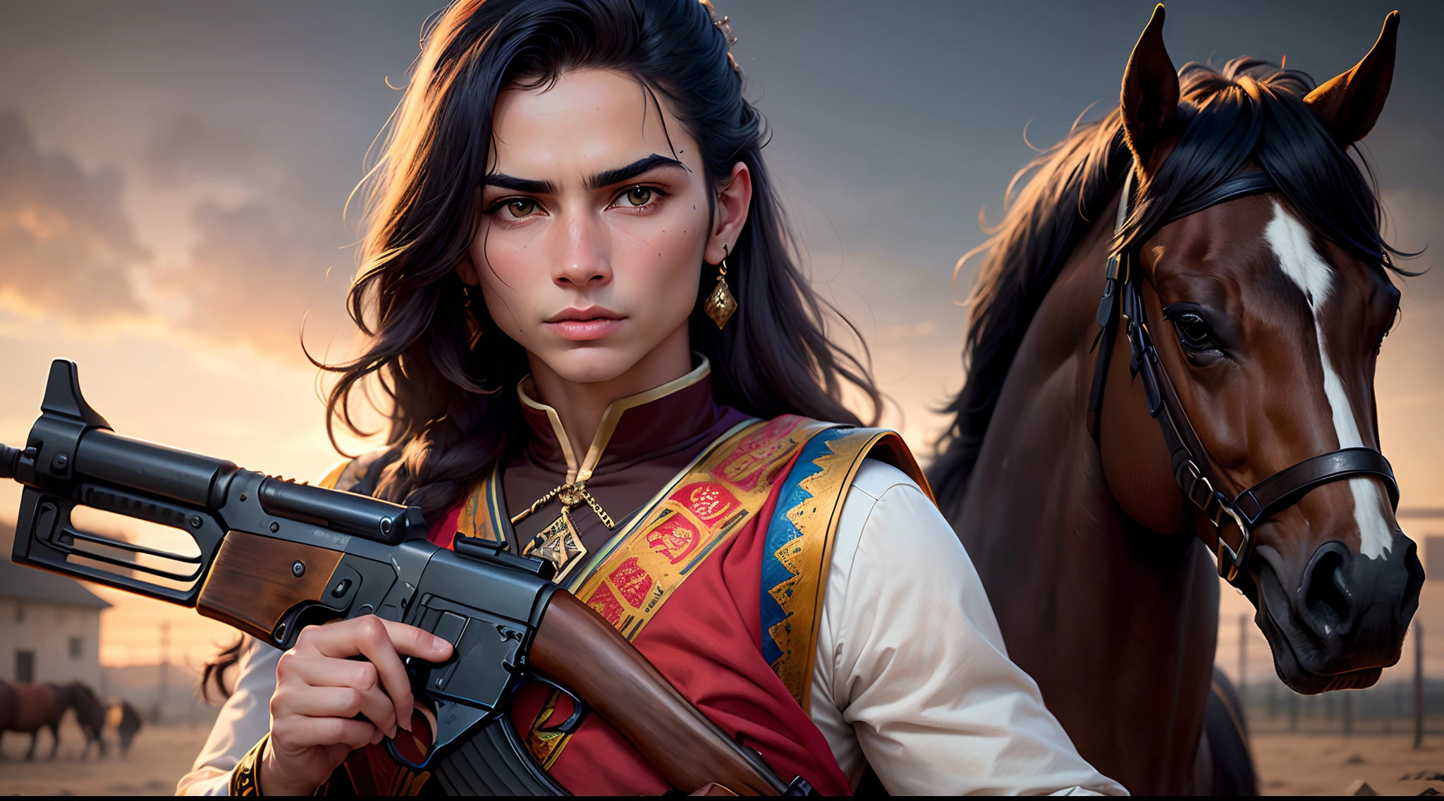 Cristiano Ronaldo holding ak47 with black horse in pashtoon dress in8k realistic face