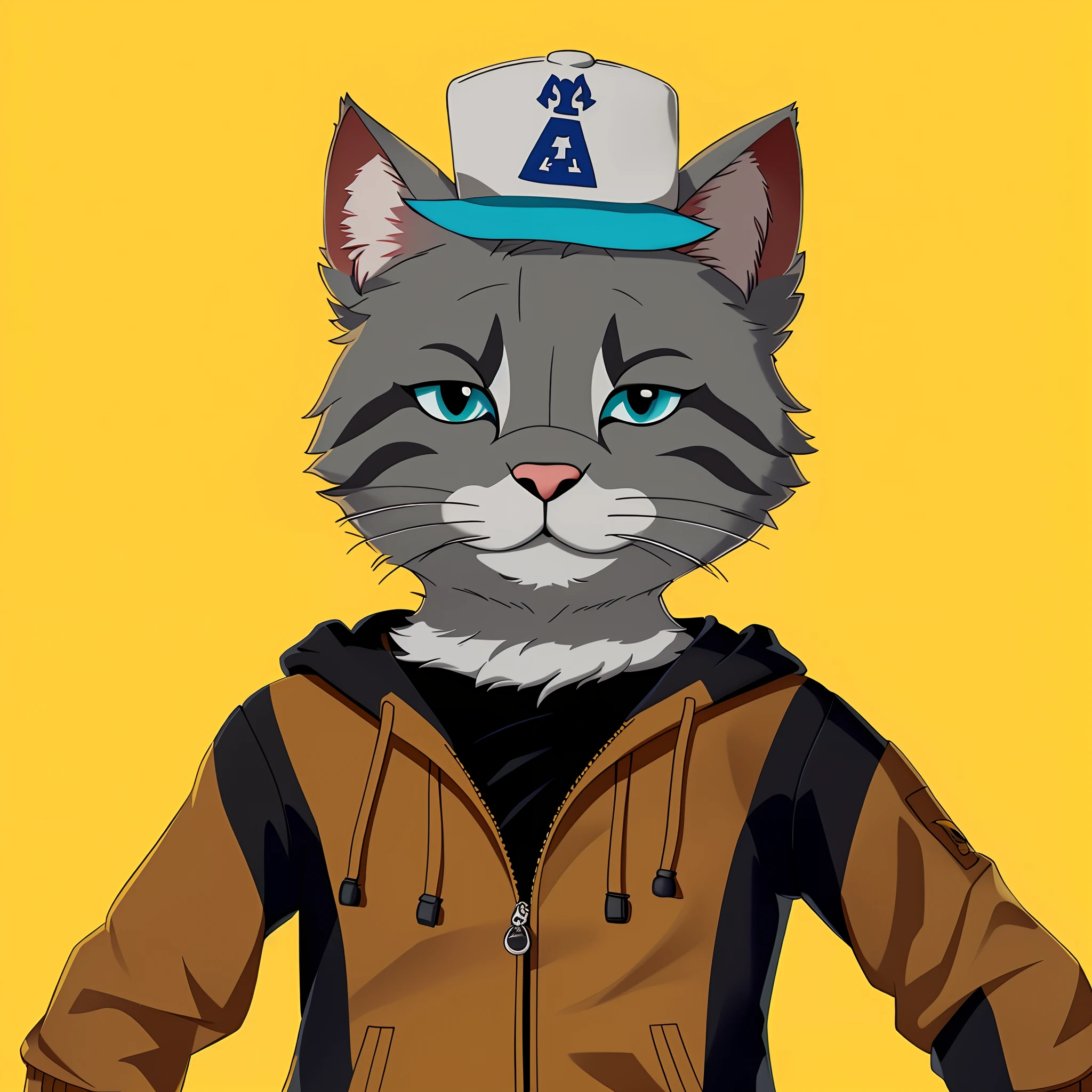 There is a cat wearing a hat and jacket on a yellow background, Retrato de personagem peludo, Fursona usando roupas estilosas, Gatopomorphic Antrum, cat with a hat, um Antro Gato, Antro Gato, ninja of the Gatomorphic Antro, fursona furry art commission, Retrato de um gato como um pirata, sem linha, peludo do gato, personagem peludo